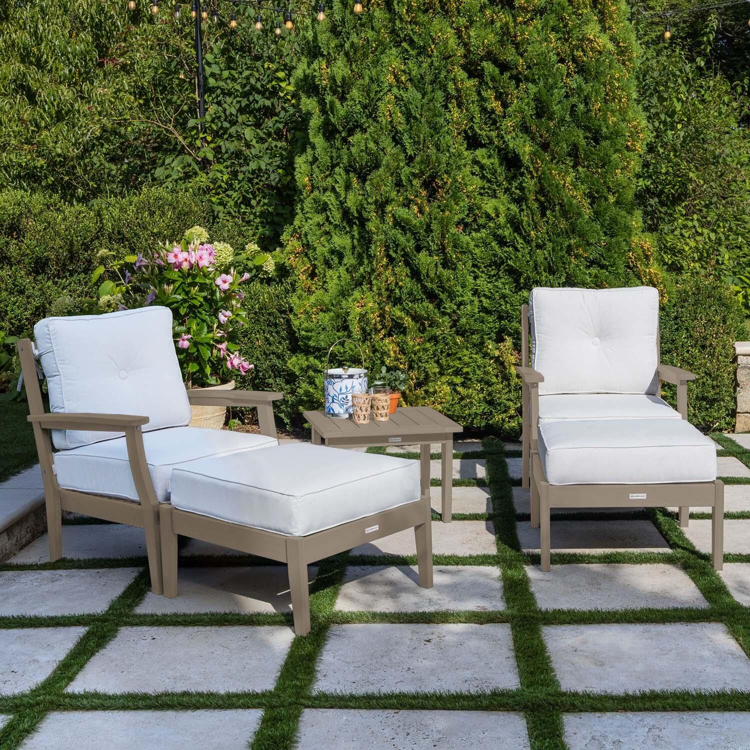 Blushing Bay 5 Pc Recycled Plastic Seating Set in Bliss Linen/Woodland Brown by Lakeview Outdoor Designs - Left Angled - Lifestyle thumbnail