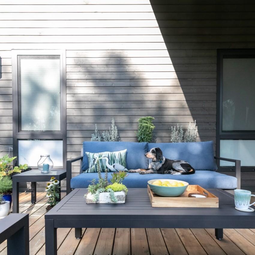 Redondo 2 Person Aluminum Loveseat w/ No Welt in Slate/Spectrum Indigo by Sunset West - Sofa on Porch - Lifestyle thumbnail