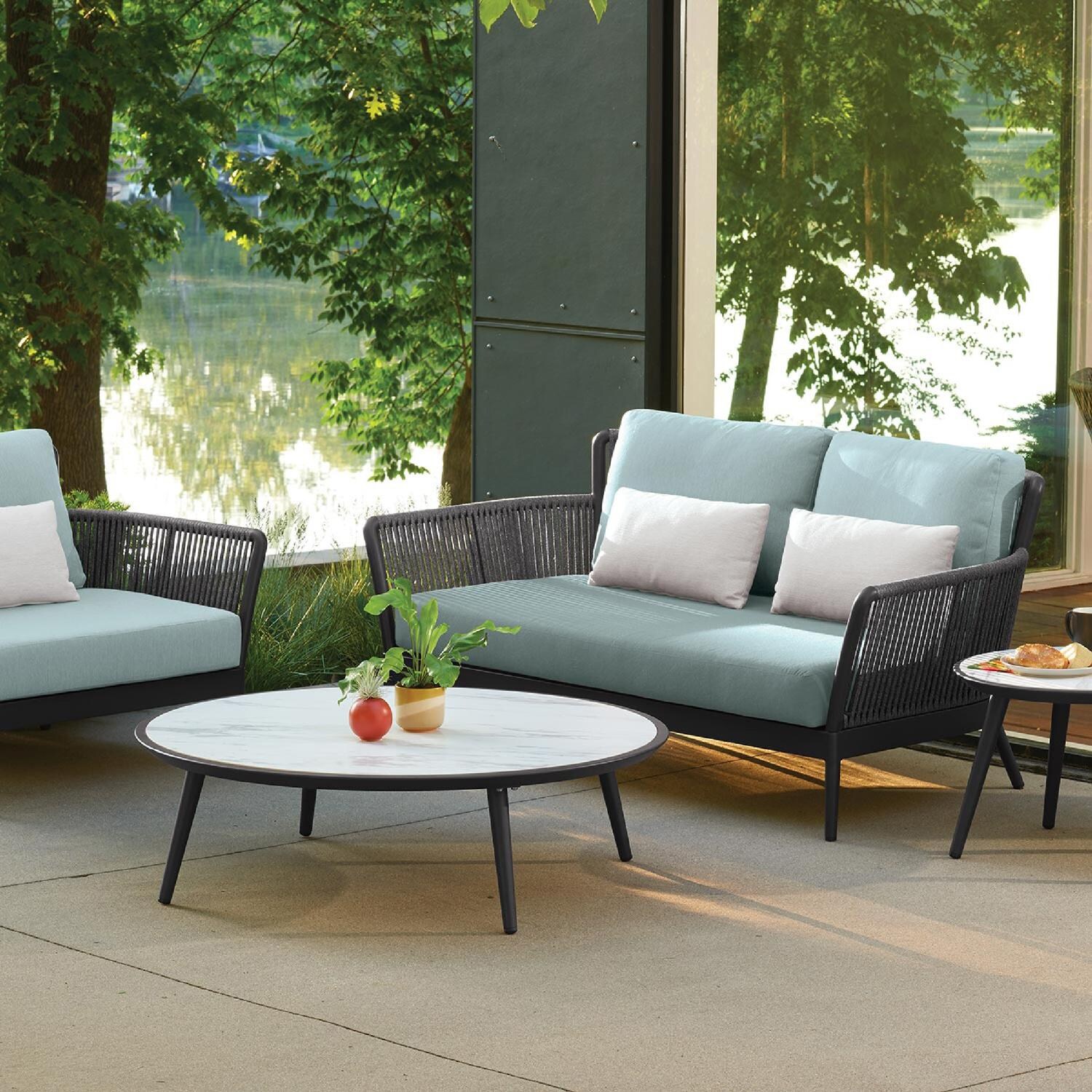 Oxford Garden Nette 2 Person Olefin Rope & Aluminum Loveseat W/ Salt Lumbar Pillow in Carbon/Seafoam - Lakeside thumbnail
