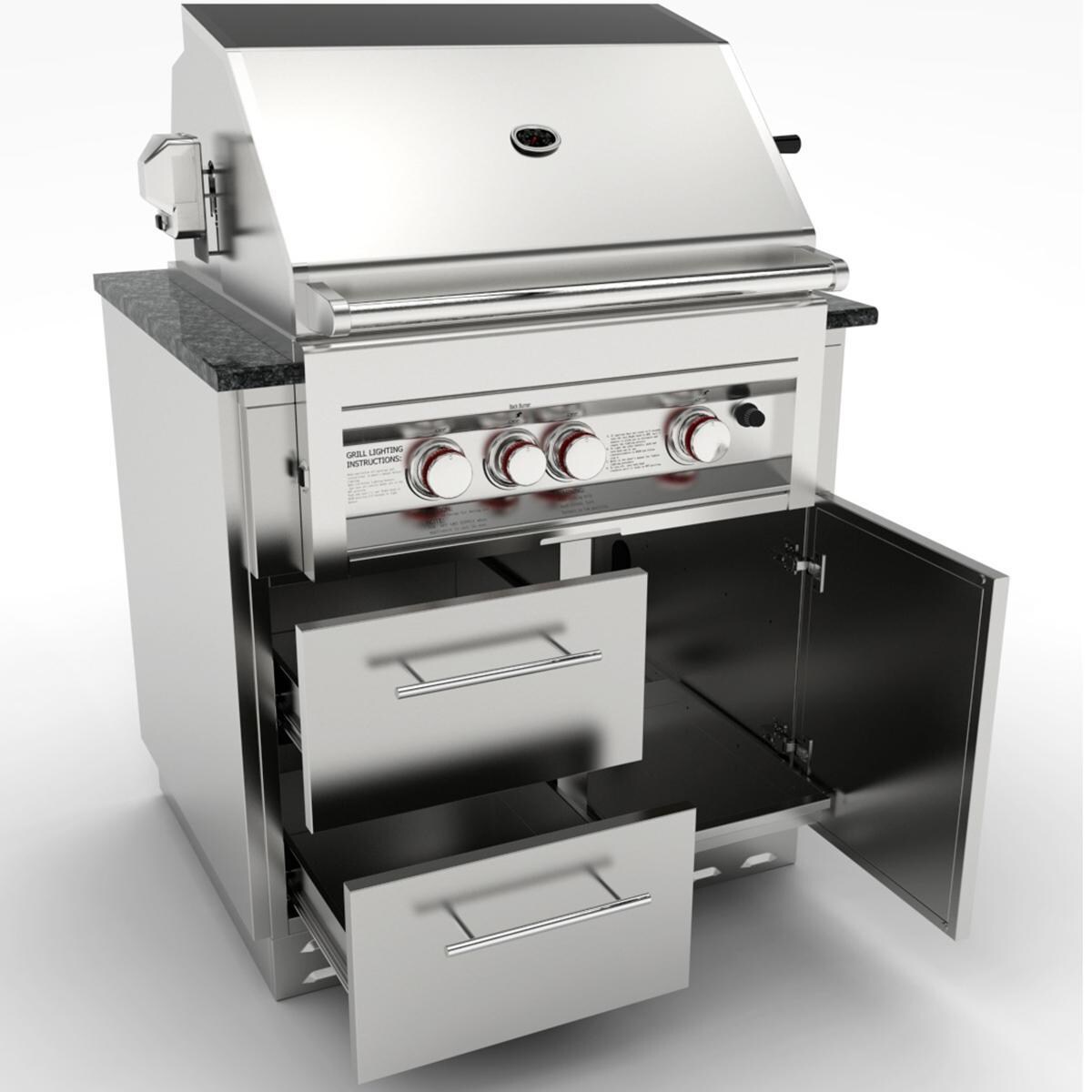 Sunstone SAC34GLPCD 34-in Outdoor Kitchen Gas Grill Cabinet - Shown With Gas Grill & Countertop (Not Included) - White Background thumbnail