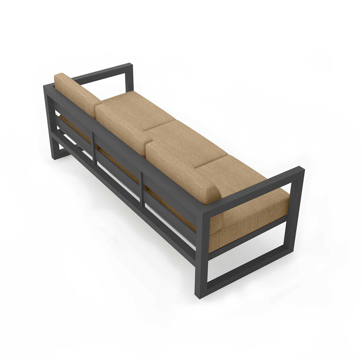 Misty Cove 3 Person Sofa in Slate w/Heather Beige Cushions by Lakeview - Back Angle View - White Background thumbnail