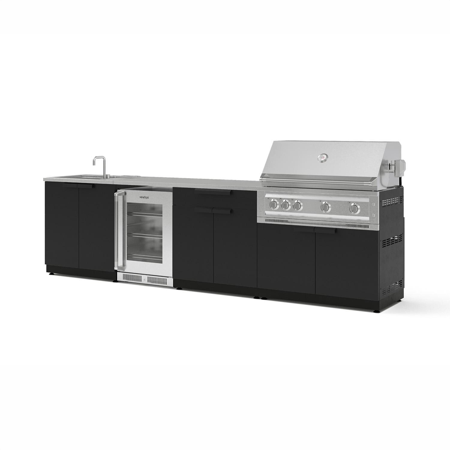 NewAge Products 71469 Classic Series 10 1/2 Ft Outdoor Kitchen Island w/ 40-in Natural Gas Grill, Sink, Glass Door Refrigerator, Trash Bin, Door & Drawer in Matte Black/Stainless Steel - Angled - White Background thumbnail