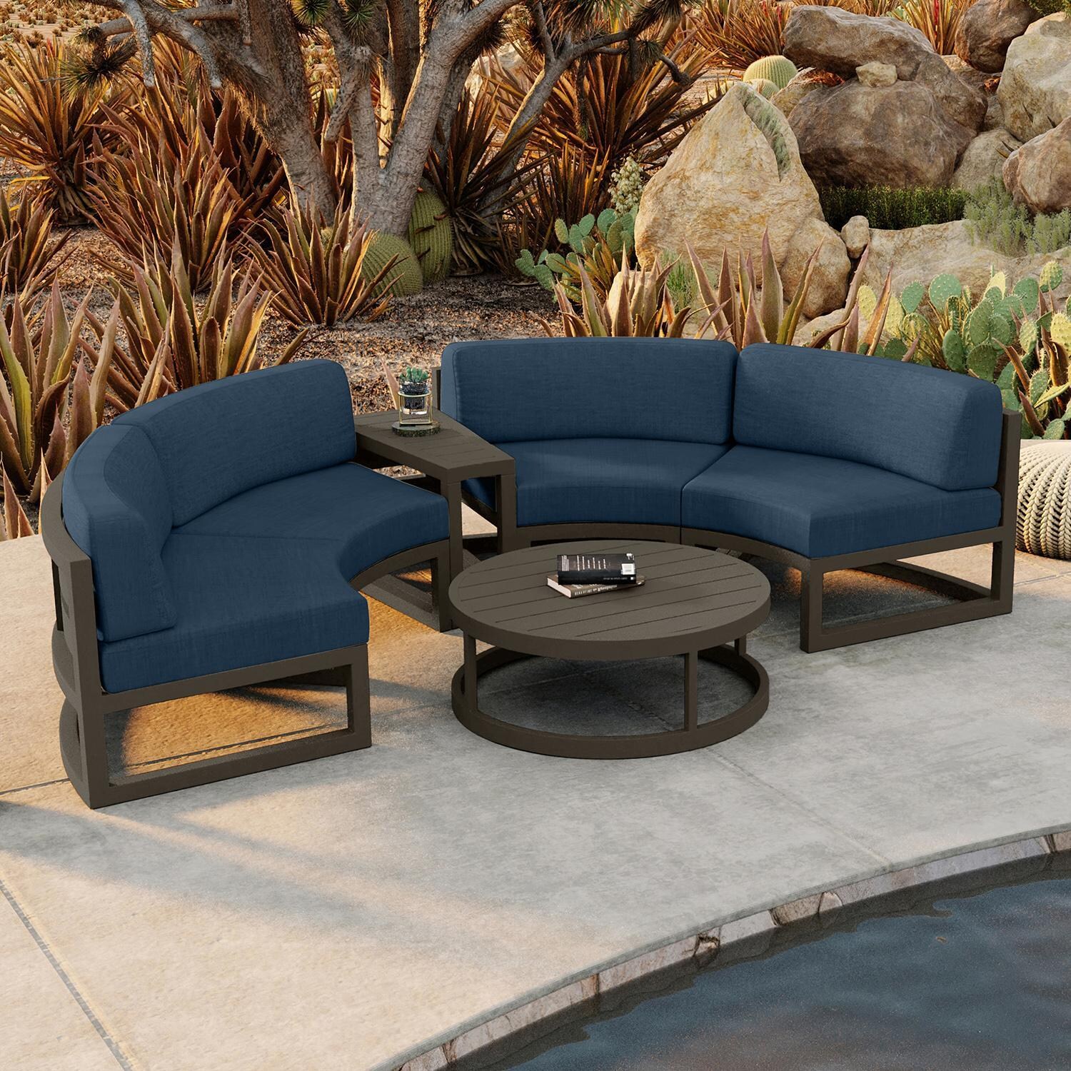 Misty Cove 4 Piece Curve Sectional Set in Slate w/Coffee Table & Spectrum Indigo Cushions by Lakeview - By Pool - Lifestyle thumbnail
