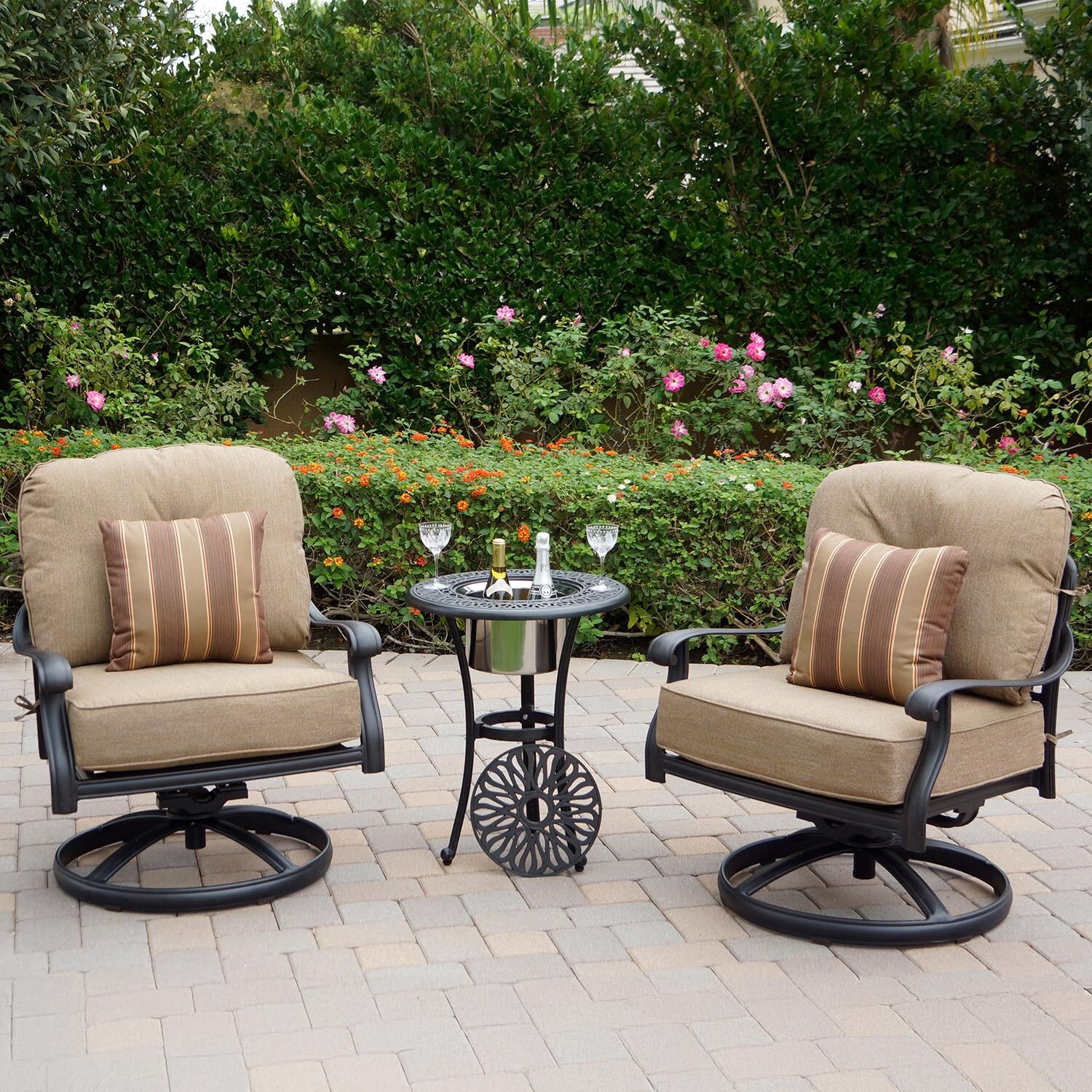 Elisabeth 3 Pc Cast Aluminum Seating Set w/ 21 Inch Round Ice Bucket End Table & Throw Pillows in Antique Bronze/Sesame by Darlee