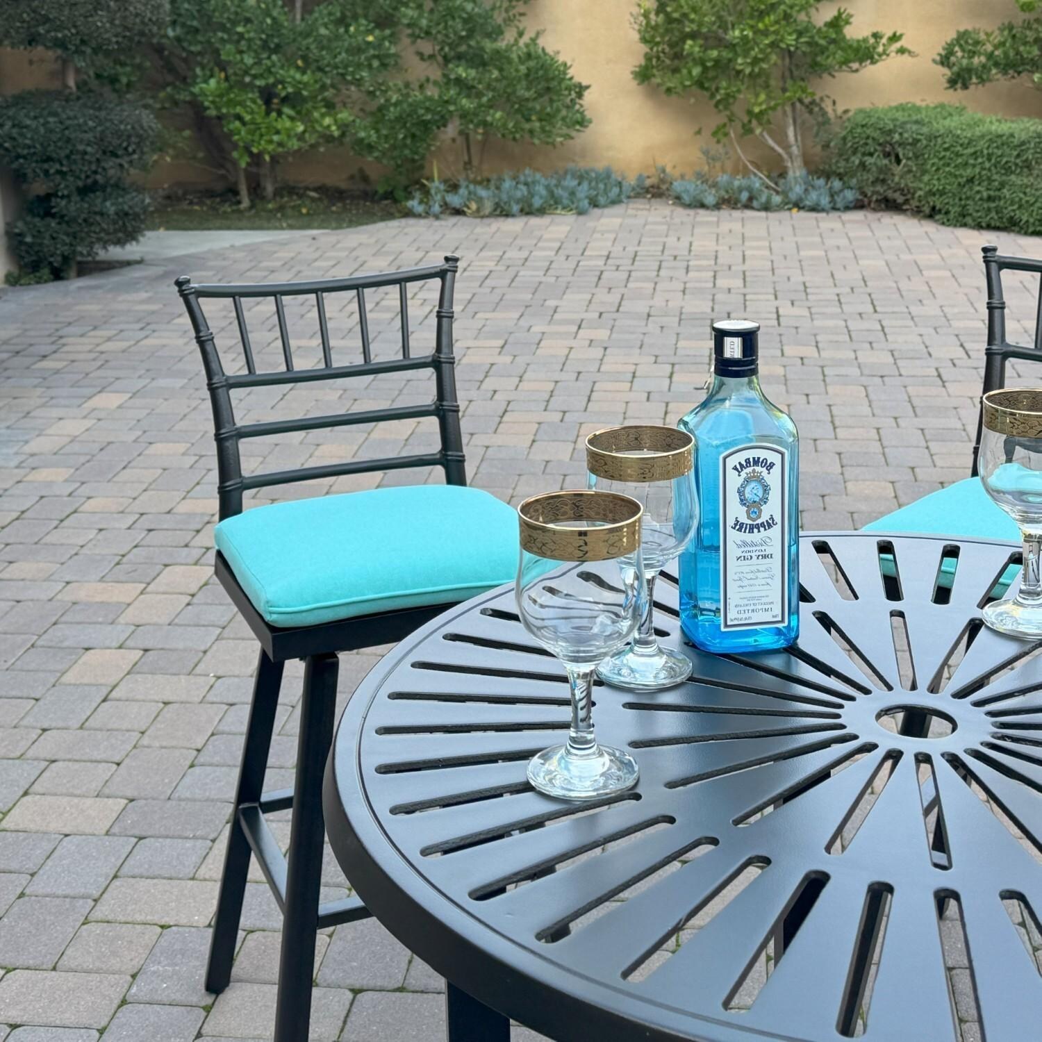 Bella 5 Pc Aluminum Swivel Bar Height Bar Set in Blue/Dark Brown by Darlee - Chair at Table - Lifestyle thumbnail