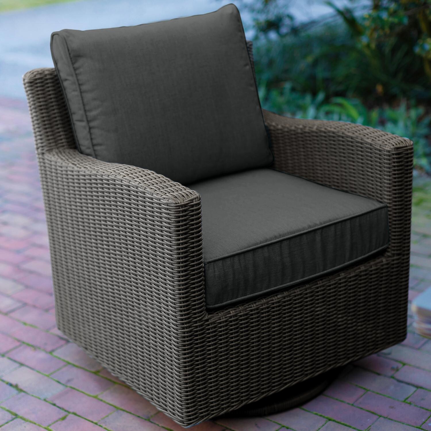 Palma 7 Pc Wicker Sectional Set in Rattan / Canvas Coal - Swivel Chair on Patio - Lifestyle thumbnail