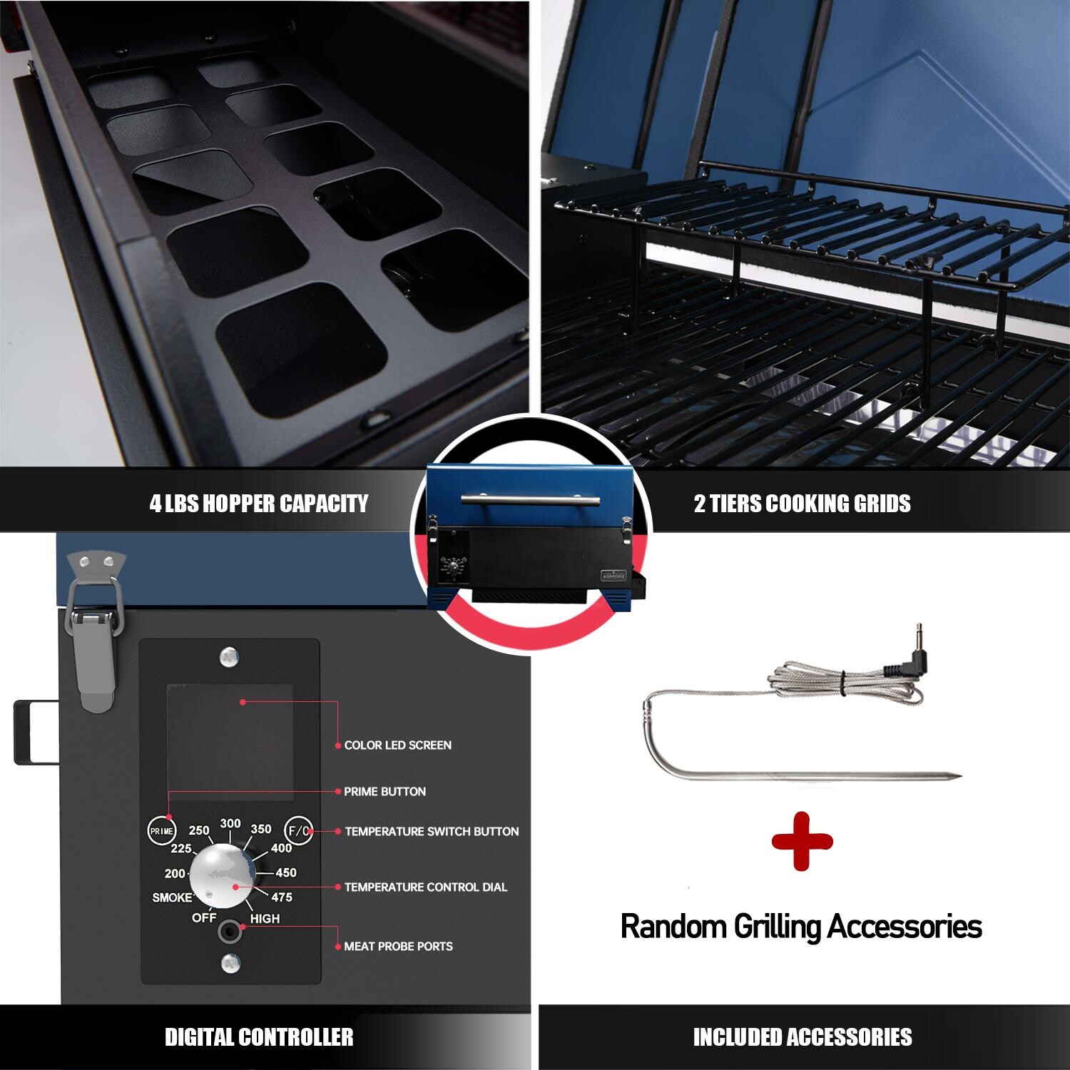 ASMOKE AS350-Navy Blue Portable Wood Pellet Grill & Smoker - Feature Details thumbnail