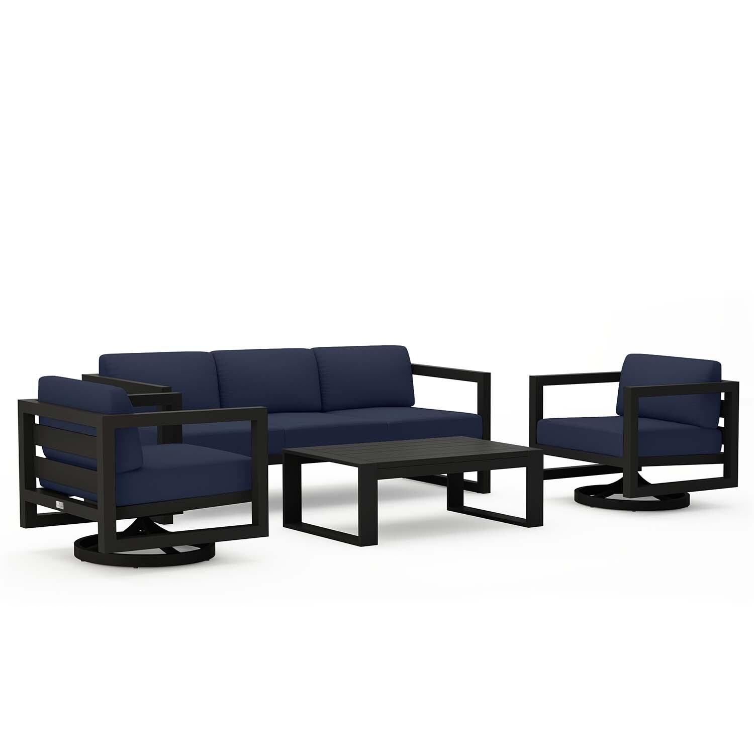 Misty Cove 4 Pc Aluminum Sofa Seating Set w/ Swivel Chairs in Black/Spectrum Indigo by Lakeview Outdoor Designs - Angled Side View - White Background thumbnail