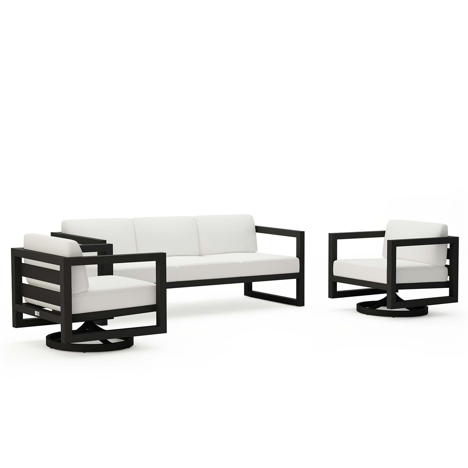 Misty Cove 3 Pc Aluminum Sofa Seating Set w/ Swivel Chairs in Black/Canvas Natural by Lakeview Outdoor Designs - Angled Side View - White Background thumbnail