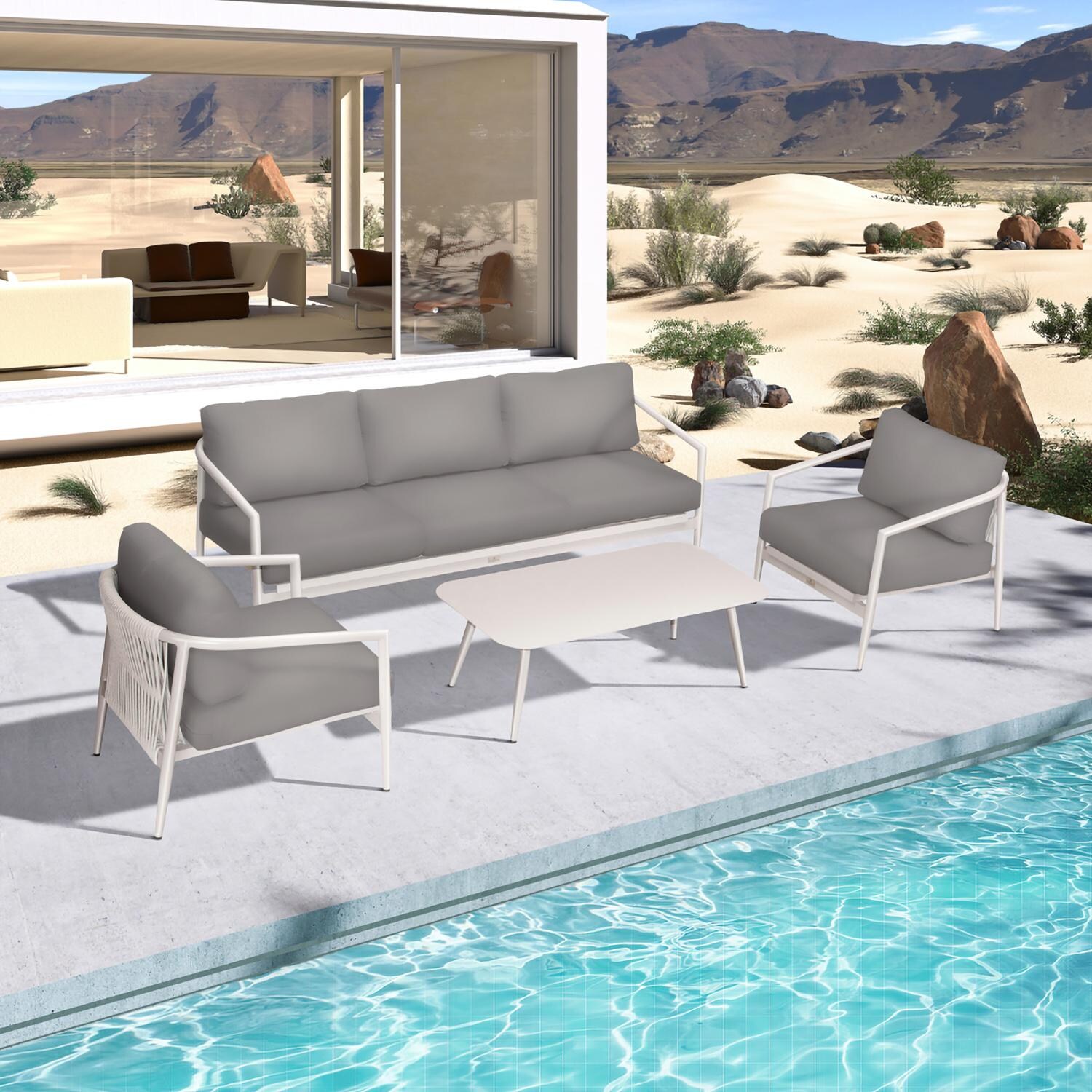 Lakeview Midnight Cove 4 Pc Aluminum Sofa Seating Set in Urban Stone/Carrera/Canvas Charcoal - Top - Lifestyle thumbnail