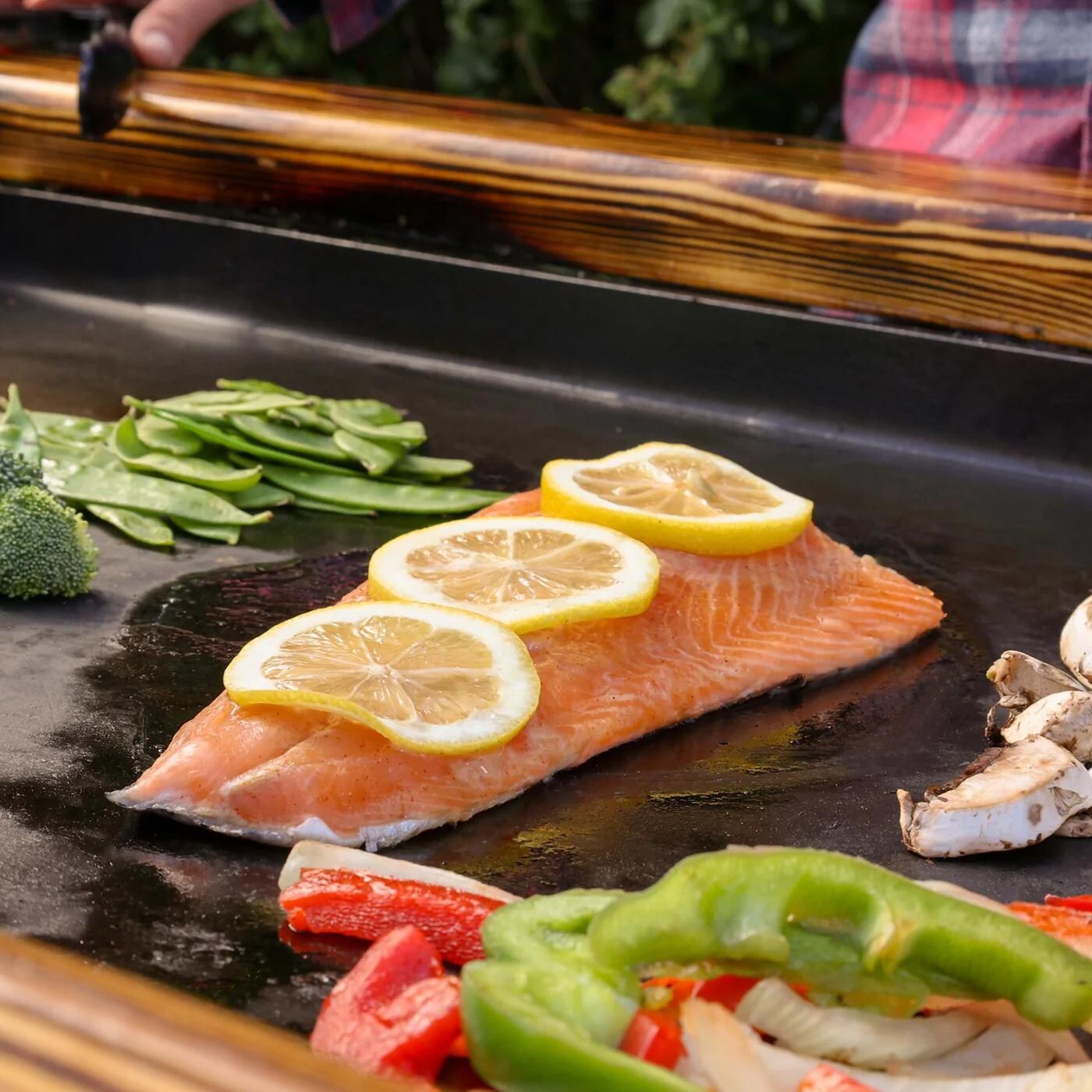 Backyard Hibachi BY-BHPOGSM Flattop Propane Gas Grill - Sweet Maple - Cooking Fish & Veggies thumbnail