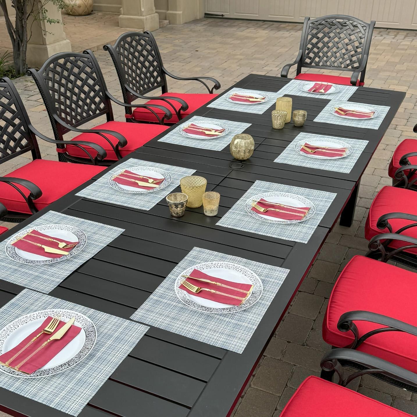 Darlee B/DL13-11PCD-2350LE-R Nassau 11 Pc Cast Aluminum Dining Set in Antique Bronze w/ Red Cushions - Table Setting - Lifestyle thumbnail