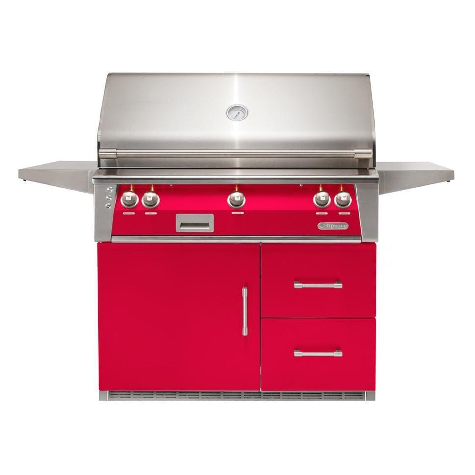 Alfresco ALXE-42SZRFG-NG-S3027 ALXE 42-Inch Freestanding Natural Gas Grill On Refrigerated Cart With Sear Zone And Rotisserie in Raspberry Red - White Background thumbnail