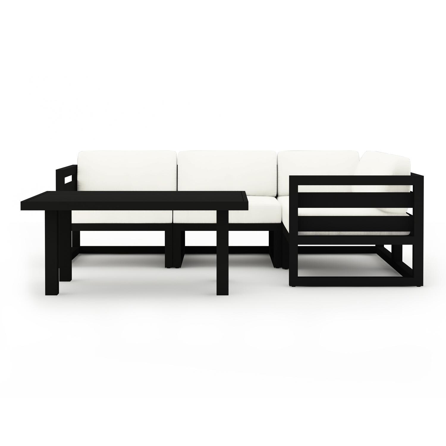 Misty Cove 5 Pc Aluminum Seating Set w/ Sectional & Classic Chat Table in Black/Canvas Natural by Lakeview Outdoor Designs