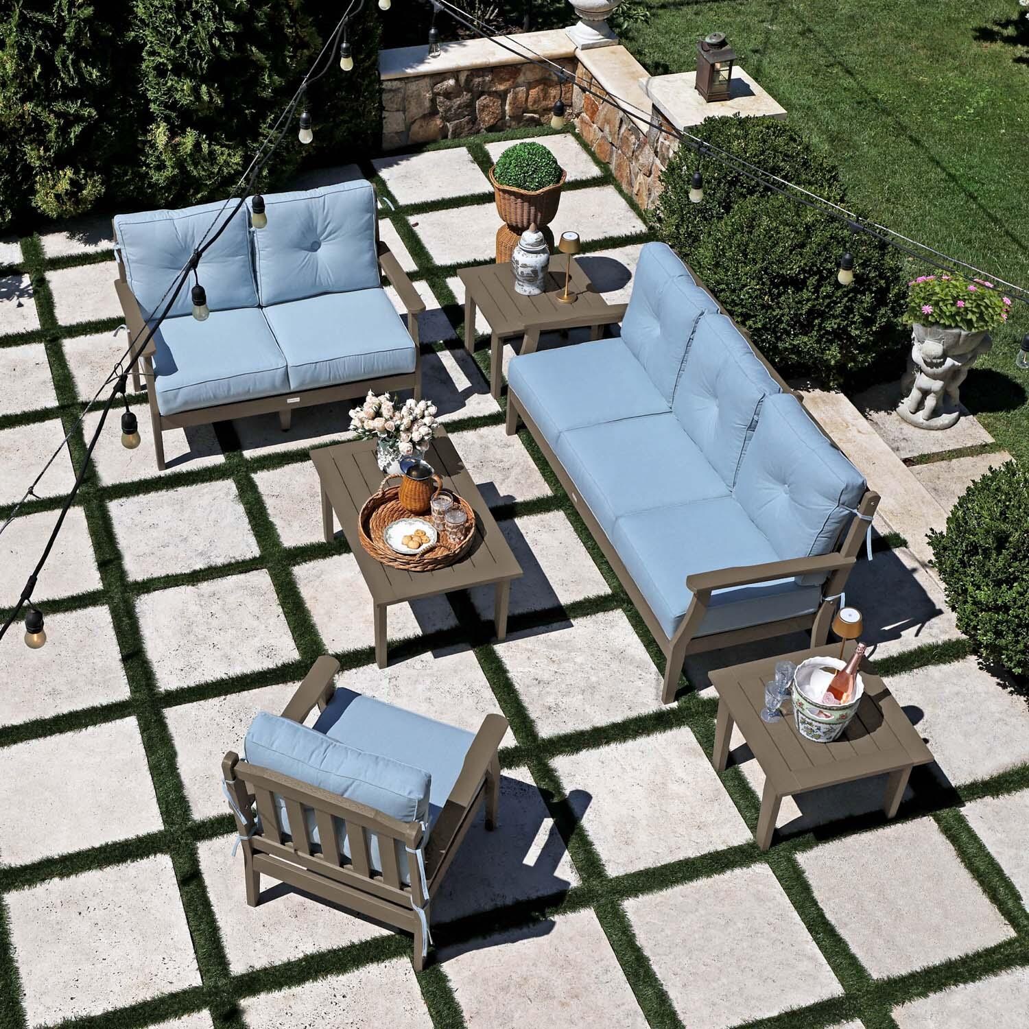Blushing Bay 6 Pc Recycled Plastic Grand Seating Set in Bliss Dew/Woodland Brown by Lakeview Outdoor Designs - Top View - Lifestyle thumbnail