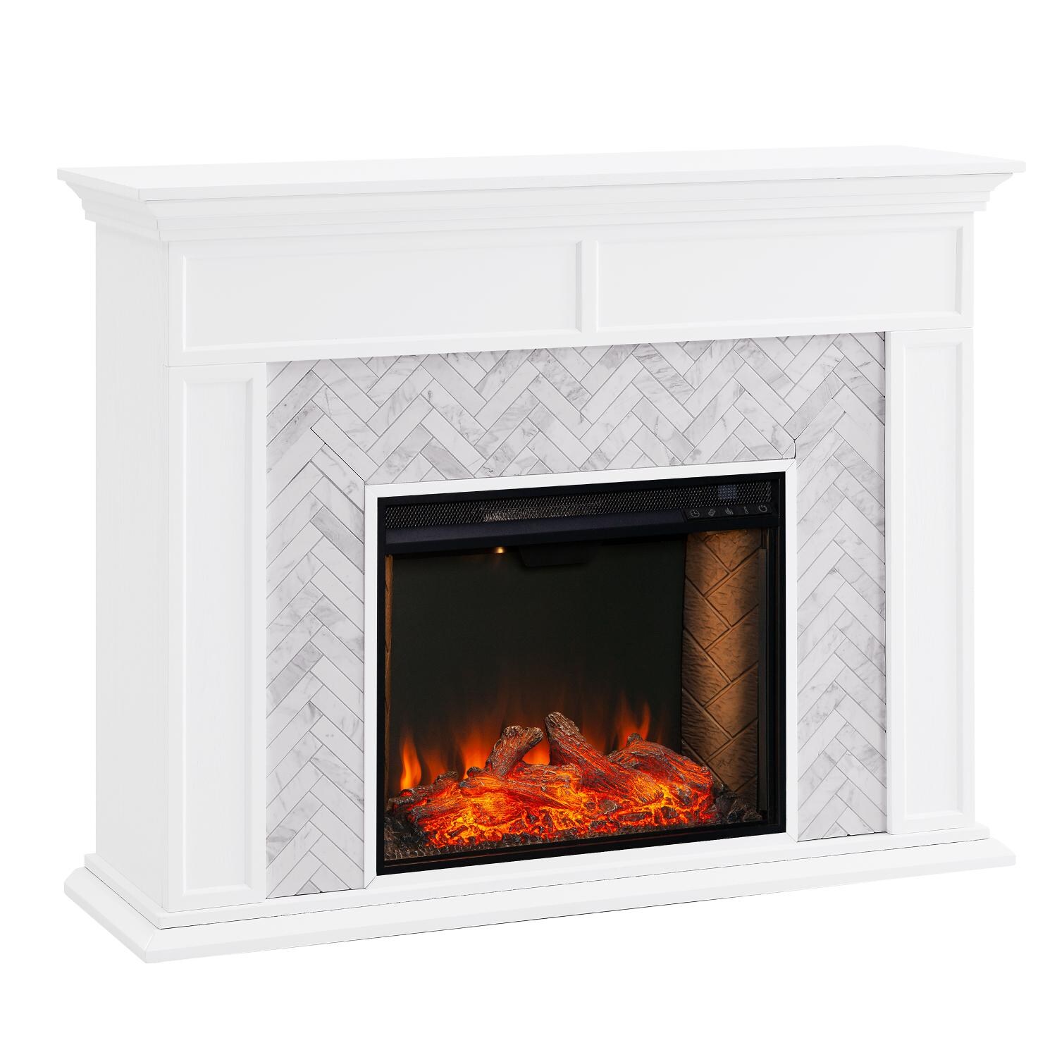 Southern Enterprises FS1009359 Torlington 50-Inch Electric Fireplace W/ Alexa-Enabled Firebox - White W/ Gray & White Marble Tile - Angle View thumbnail