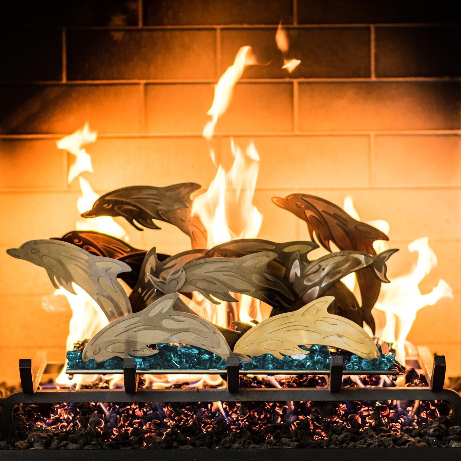 BBQGuys Signature Series Fireplace Sculpture - Dolphin Seascape w/ Caribbean Blue Fire Glass (Burner Not Included)
