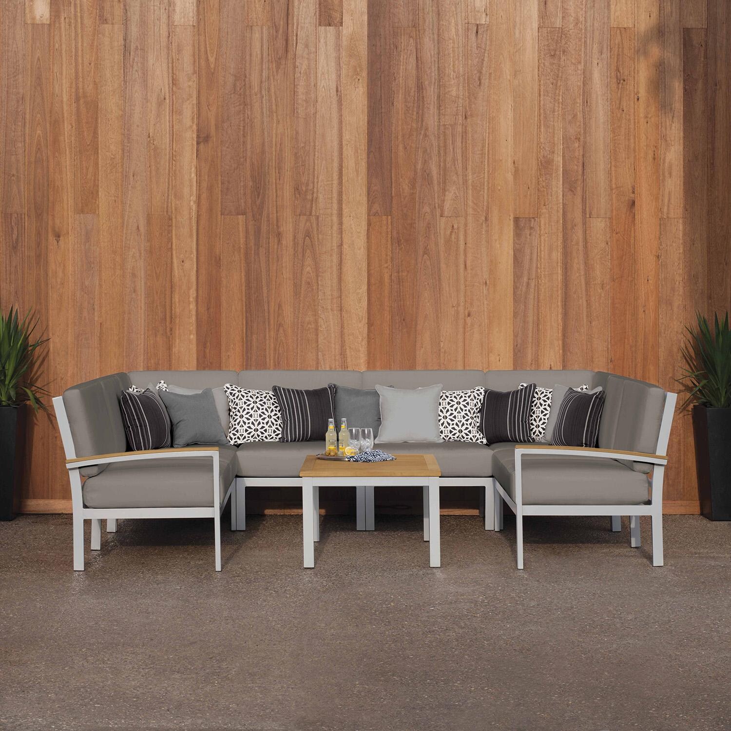 Travira 7 Pc Aluminum Seating Set w/ Coffee Table in Natural Tekwood by Oxford Garden
