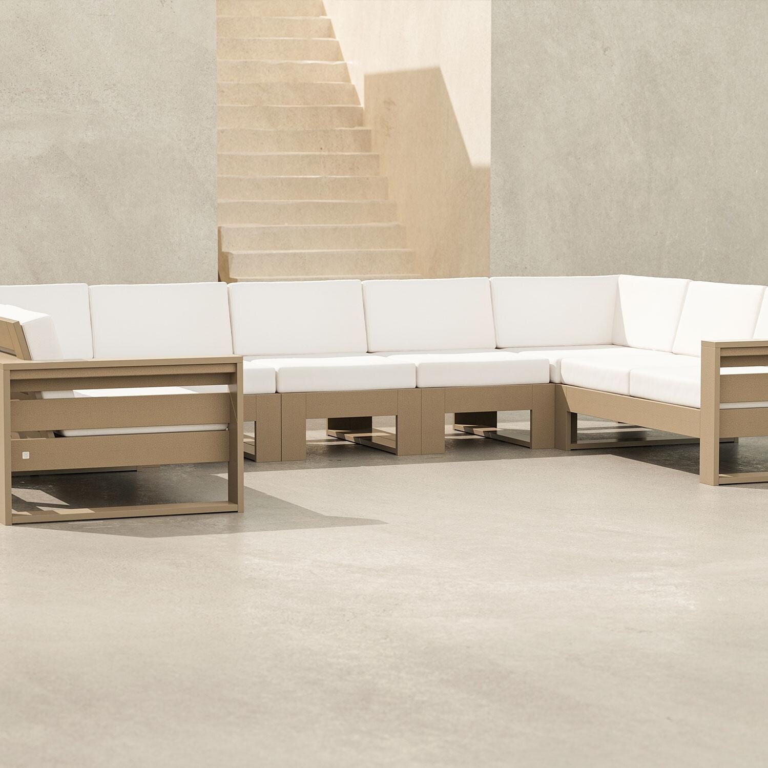 Latitude 6 Person Sectional Sofa in Vintage White/Dune Burlap By PW Designer Series - Shown in Vintage Sahara/Dune Burlap Finish - Patio - Lifestyle thumbnail