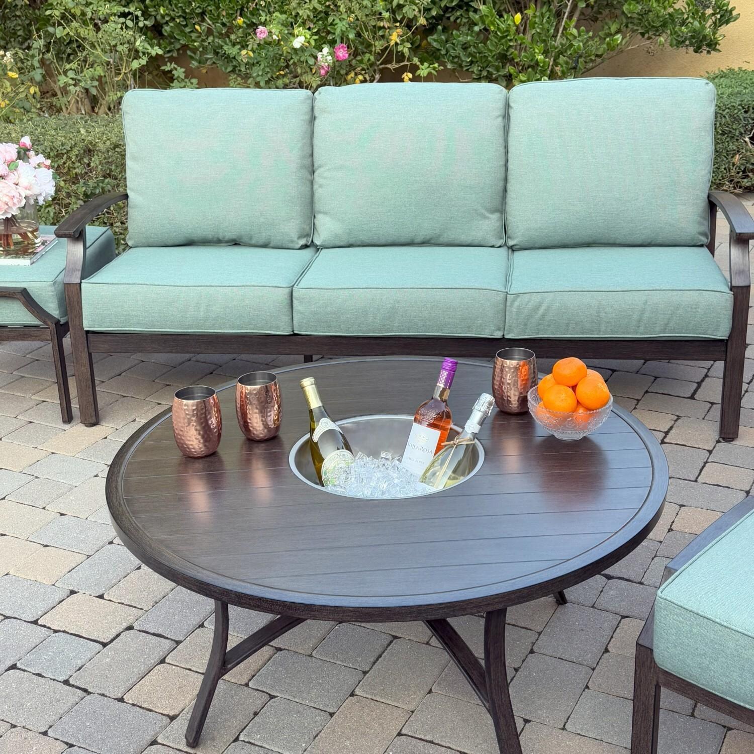 Atlantis 6 Pc Aluminum Seating Set w/ Sofa, 2 Swivel Rocker Club Chairs, 2 Ottomans & Ice Bucket in Walnut/Spa by Darlee - Table & Sofa - Lifestyle thumbnail