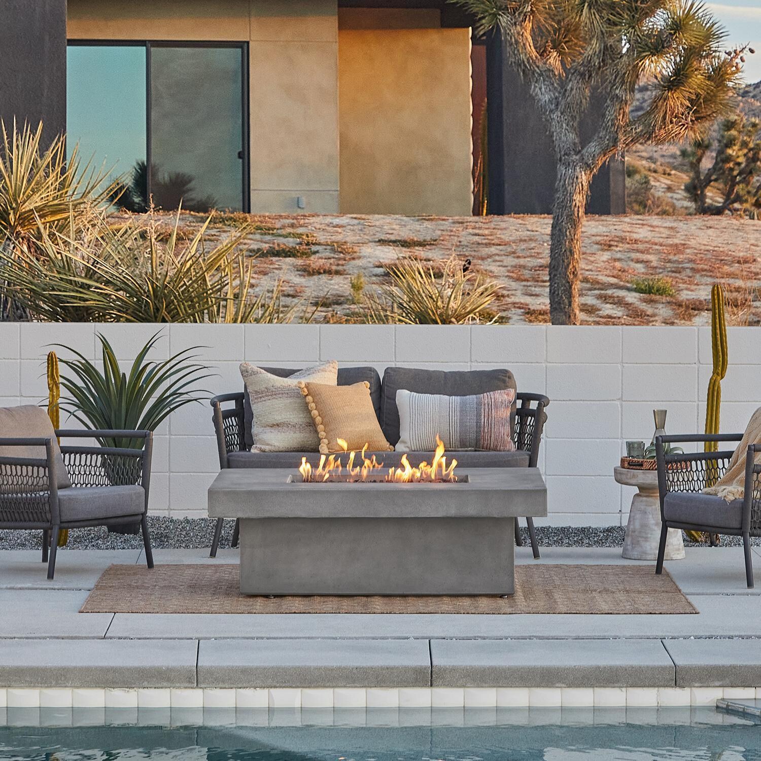 Hickory Bay 3708NG-ASH 60 Inch Rectangular GFRC Natural Gas Fire Pit Table in Ash by BBQGuys Signature - Patio - Lifestyle thumbnail