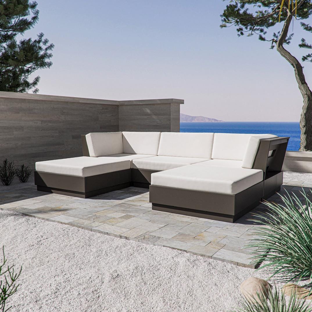 PW Designer Series PWS846-2-VCF164488 Elevate 5 Pc Recycled Plastic Chaise Sectional Seating Set in Vintage Coffee/Navy Linen - On the Patio (Shown in Vintage Coffee/Dune Burlap) - Lifestyle thumbnail