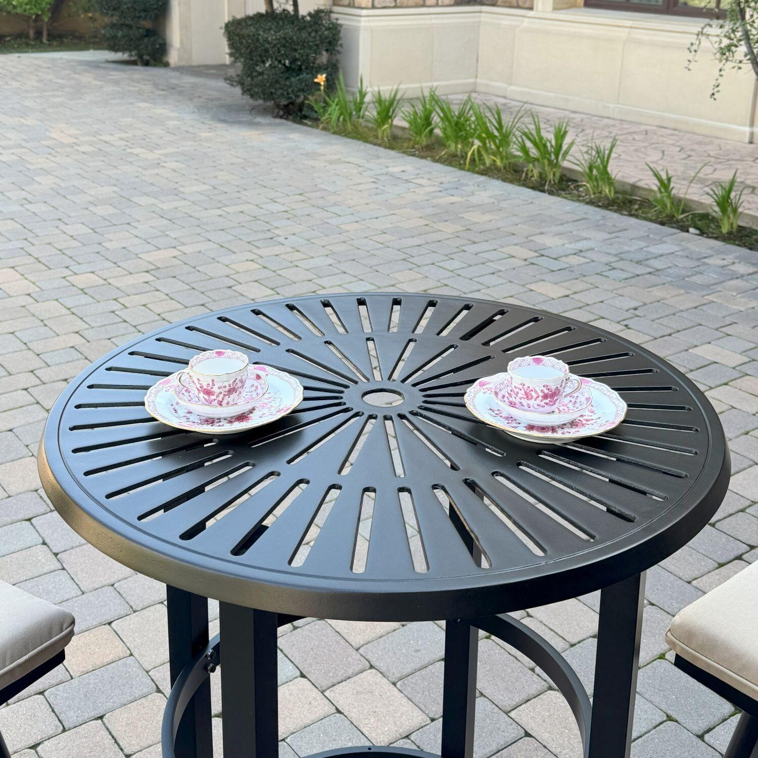 Bella Aluminum 3 Pc Patio Bar Set w/ 30-in Round Bar Table in Beige by Darlee - Bar Table - Top View - Lifestyle thumbnail