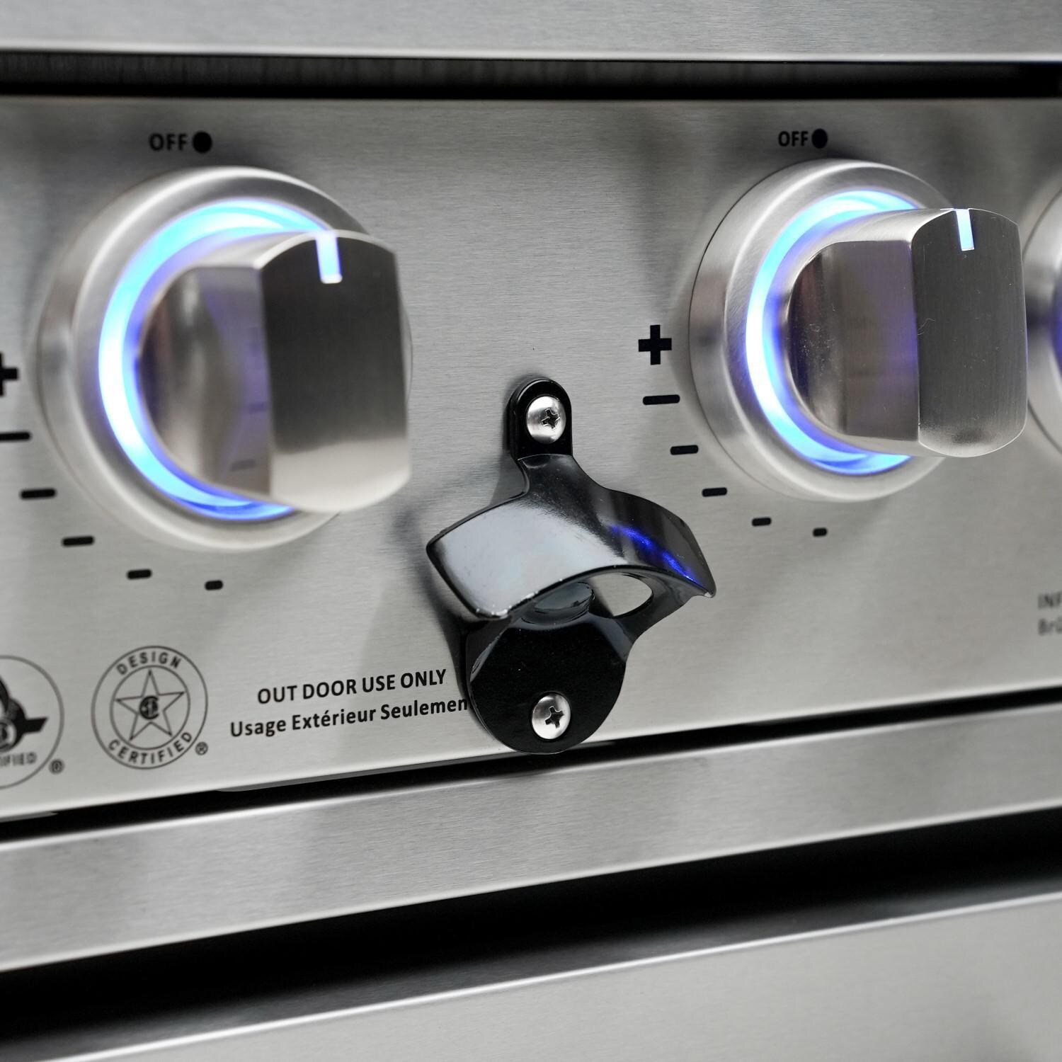 Mont Alpi - MAi400-D45 - Deluxe 45 Degree Propane Gas Island Grill W/ Infrared Side Burner & Rotisserie Kit - Bottle Opener - Detail