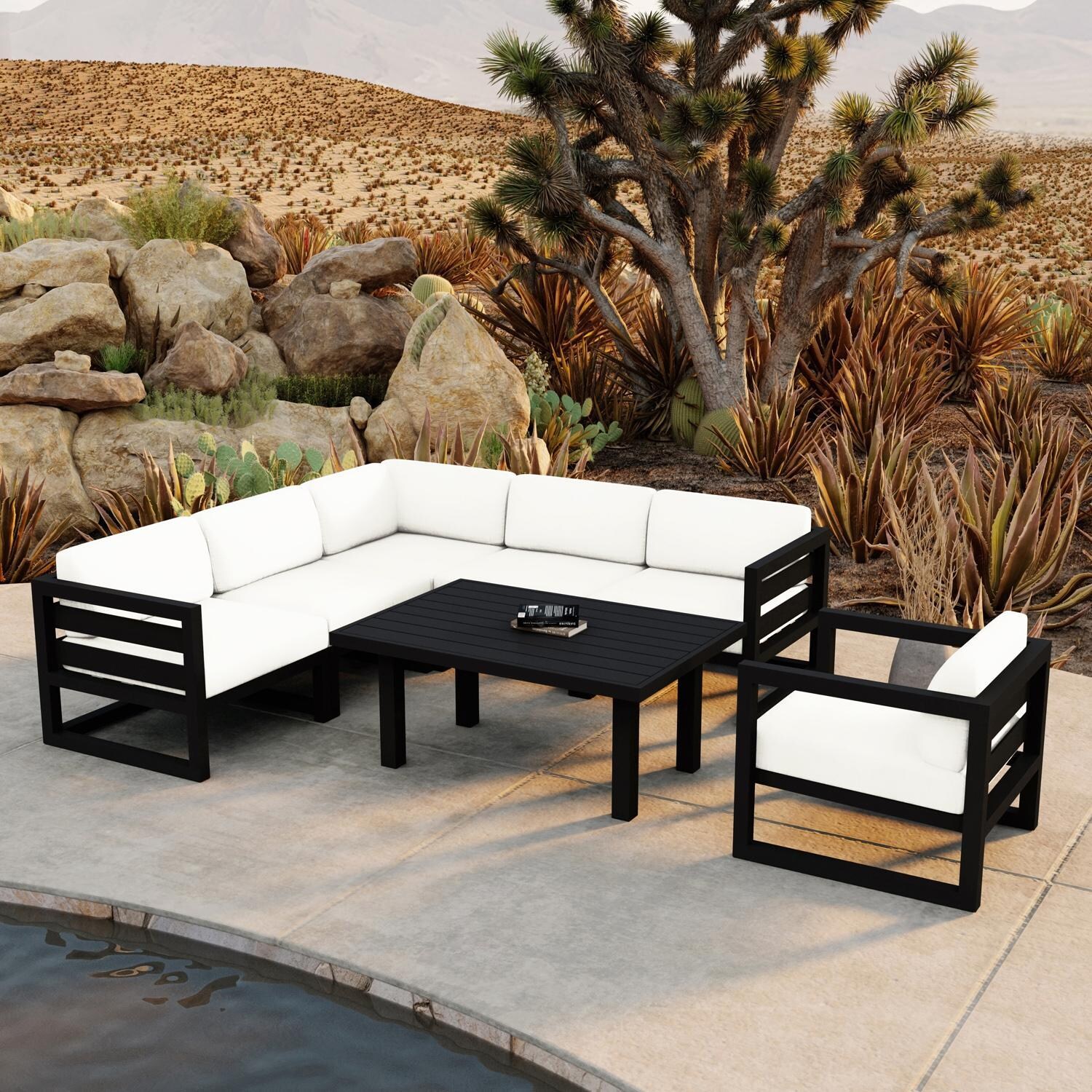 Lakeview MSTYCV-BK-SET212-CN Misty Cove 7 Pc Aluminum Sectional Set in Black w/Chat Table & Canvas Natural Cushions by Lakeview Outdoor Designs - By the Pool - Lifestyle thumbnail