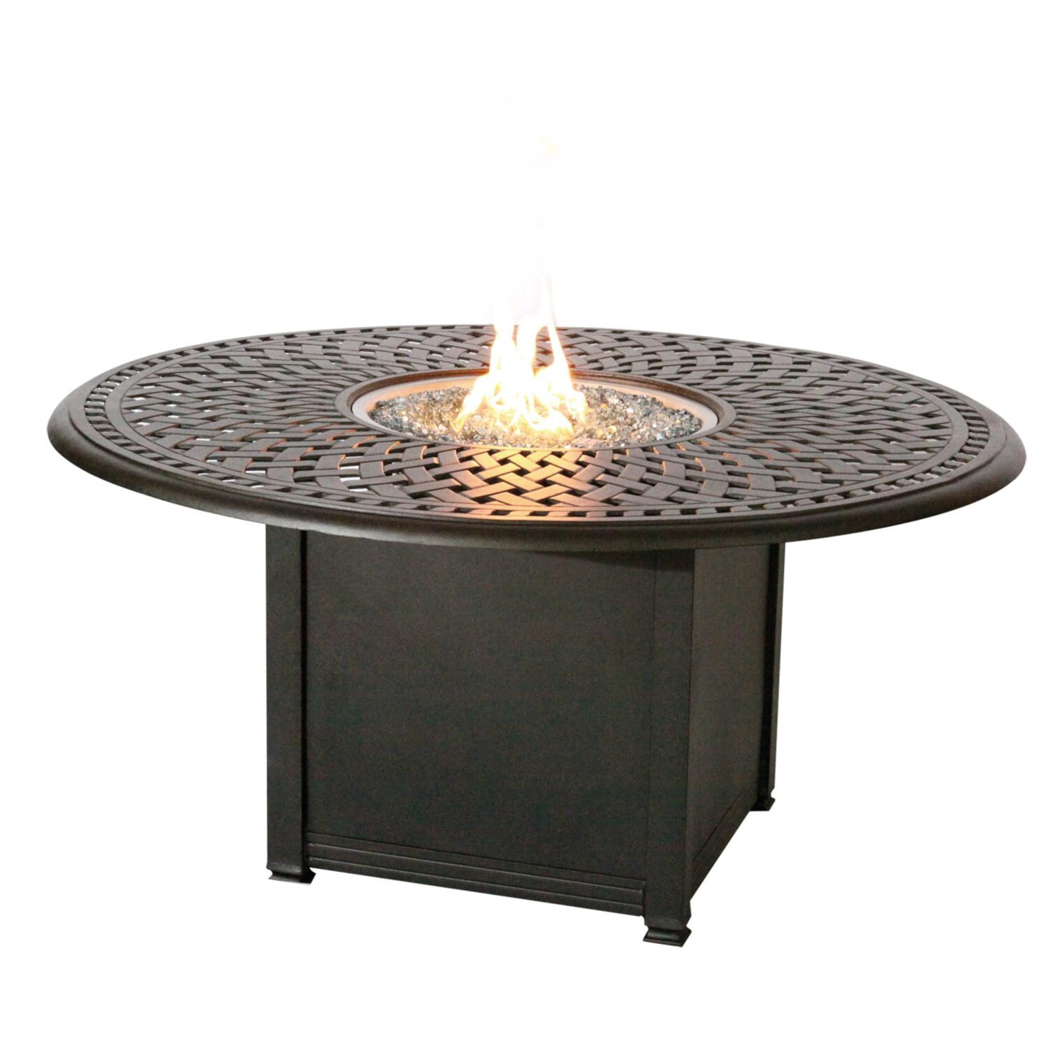 Darlee DL2052-7PC-60GD Santa Monica 7 Piece Cast Aluminum Patio Fire Pit Dining Set W/ 60 Inch Round Table & Sesame Cushions - Fire Pit Table