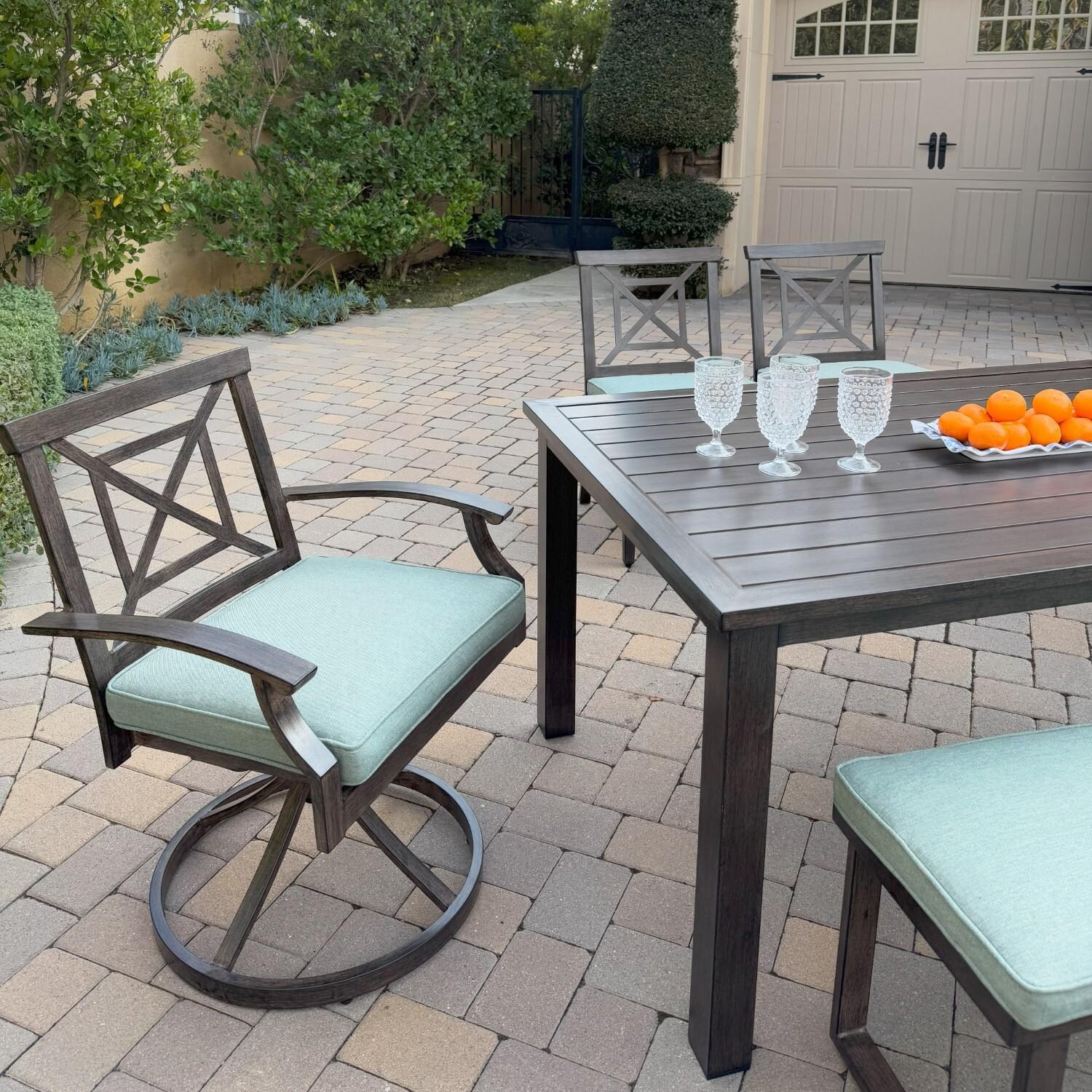 Atlantis 6 Pc Aluminum Dining Set  w/ 2 Dining Side Chairs, 2 Swivel Rocker Dining Arm Chairs & Two Person Bench in Walnut/Spa by Darlee - Chair At Table - Lifestyle thumbnail