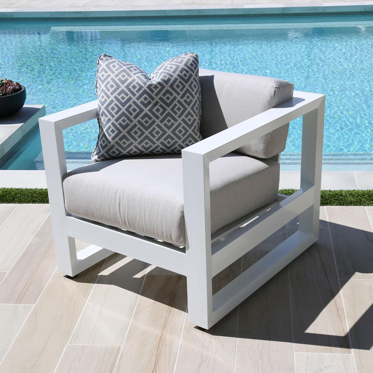 Newport Aluminum Patio Club Chair W/ Sunbrella Cast Silver Cushions by Sunset West - By The Pool - Lifestyle thumbnail