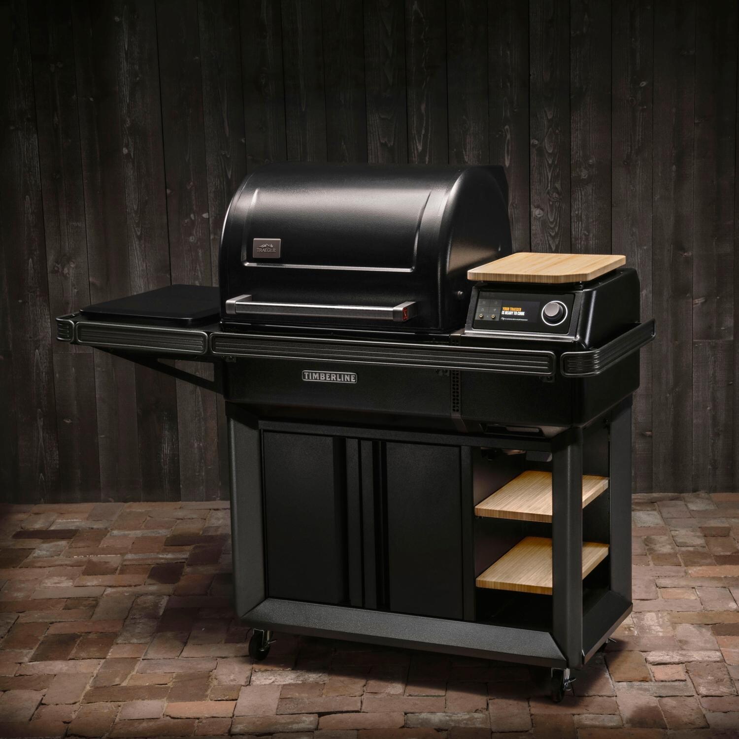 Traeger TBB86RLG Timberline Wood Pellet Grill - Angled View - Hero - Lifestyle thumbnail