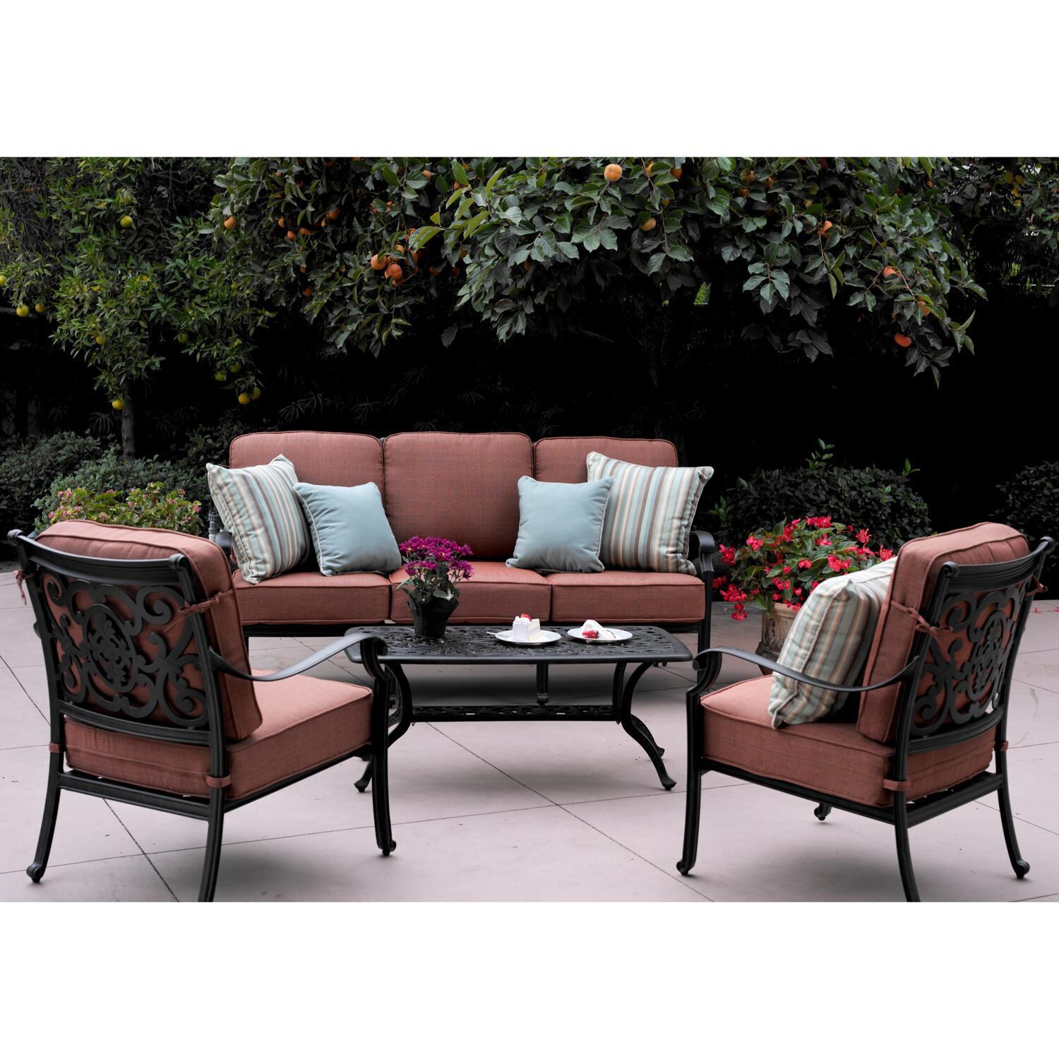 Darlee B/DL108-4PC-80B St. Cruz 4 Piece Cast Aluminum Patio Conversation Set W/ 42 X 21 Inch Rectangular Coffee Table & Spicy Chili Cushions - Lifestyle thumbnail