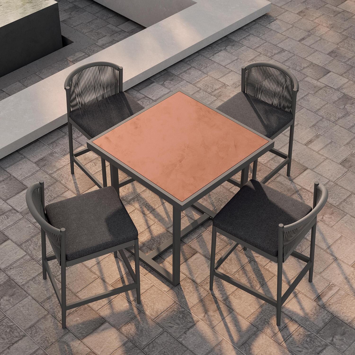 Azzurro Living Pavia 35 Inch Charcoal Aluminum Bar Table W/ Umber Dekton Top - Shown as Set - Lifestyle thumbnail