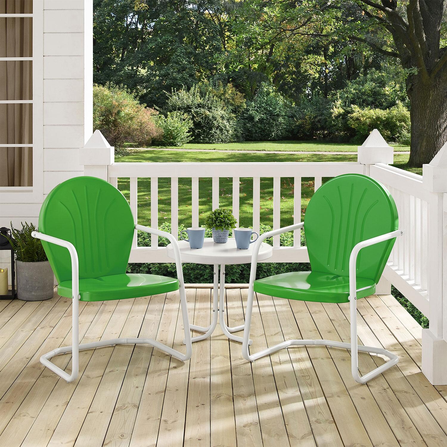 Ultimate Patio UP-32237GR 3Pc Retro Outdoor Chair Set in Kelly Green - Angled On Porch - Lifestyle thumbnail