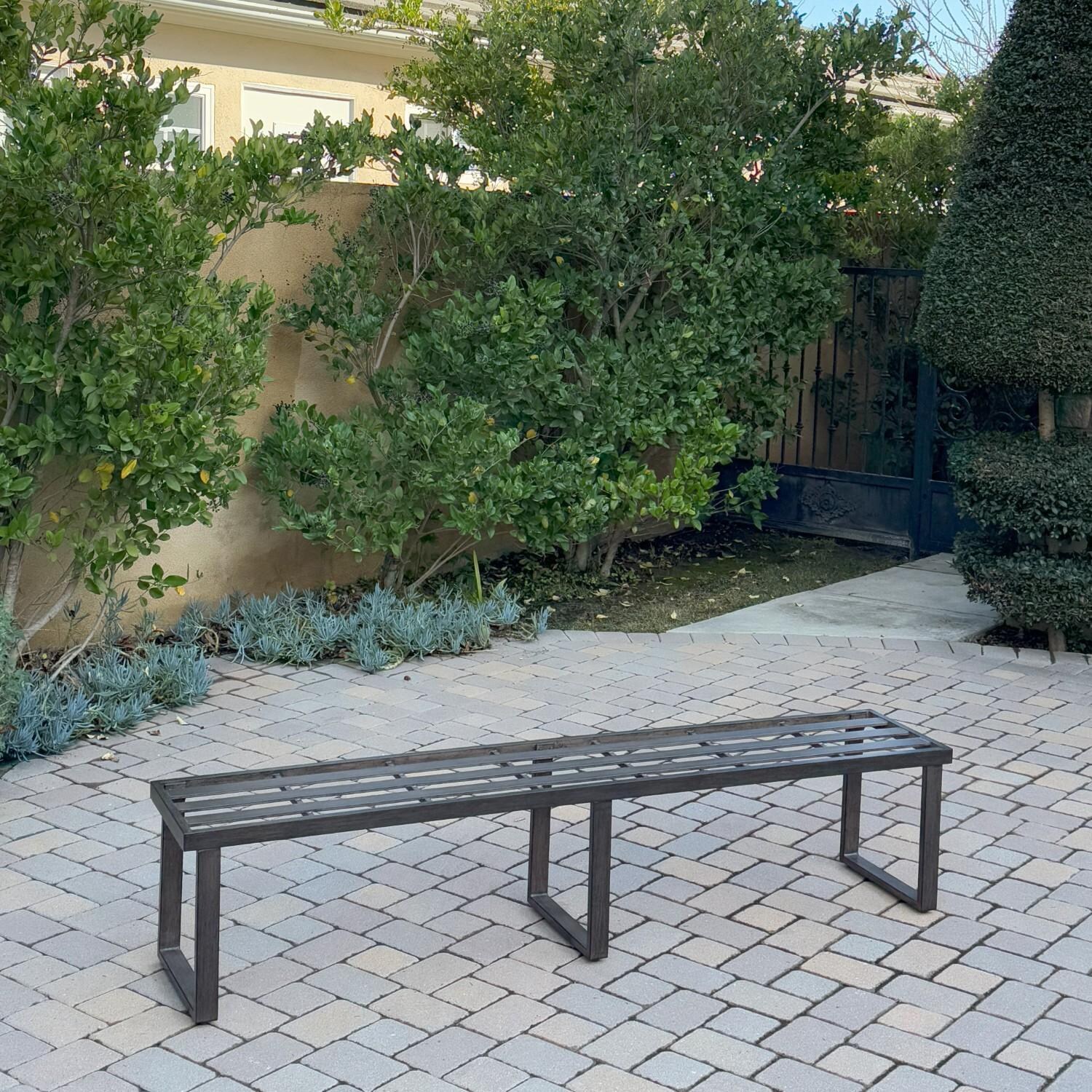 Atlantis 3 Pc Aluminum Dining Set w/ 2 Three Person Benches in Walnut/Beige by Darlee - Bench w/o Cushion - Lifestyle thumbnail