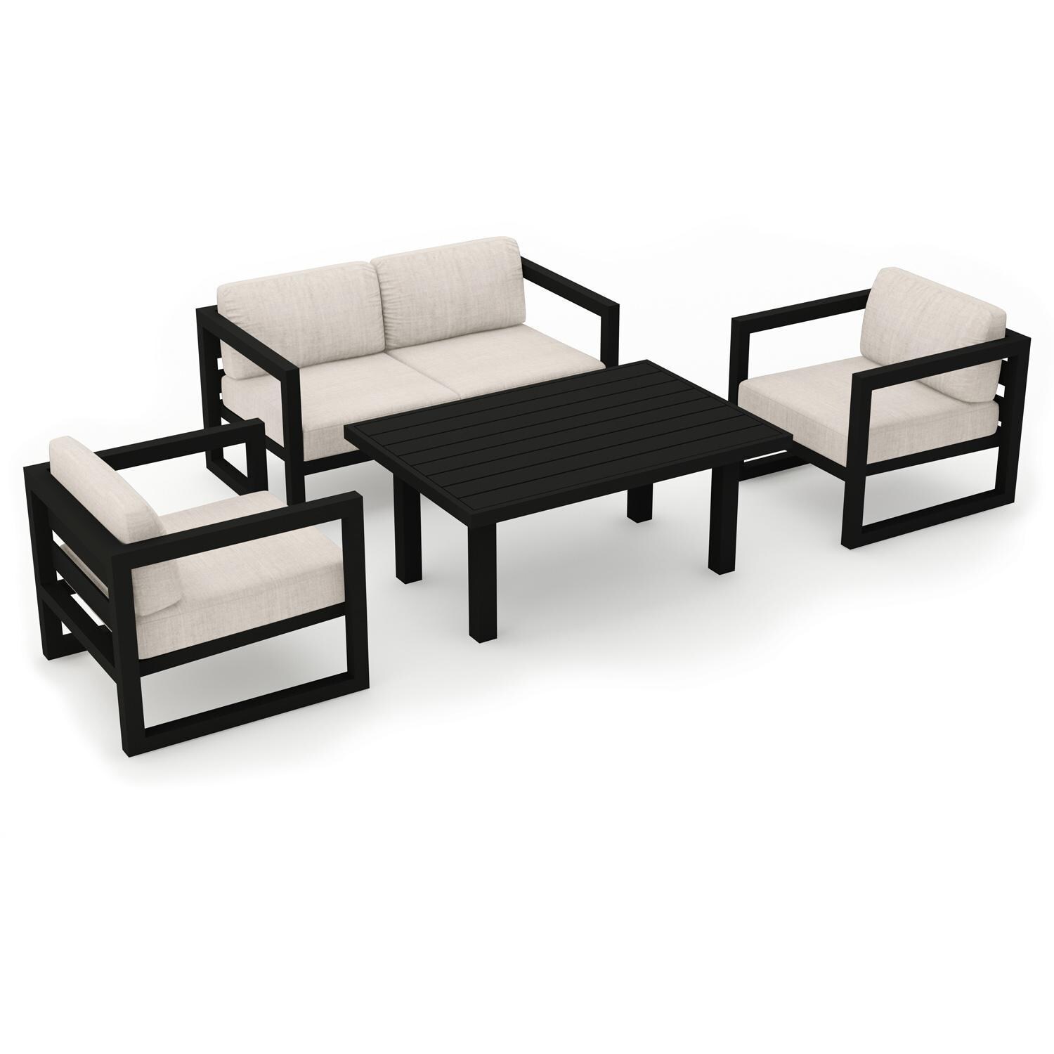 Lakeview MSTYCV-BK-SET114-CS Misty Cove 4 Pc Aluminum Seating Set in Black w/Chat Table & Cast Silver Cushions by Lakeview Outdoor Designs - Set Angled View - White Background thumbnail