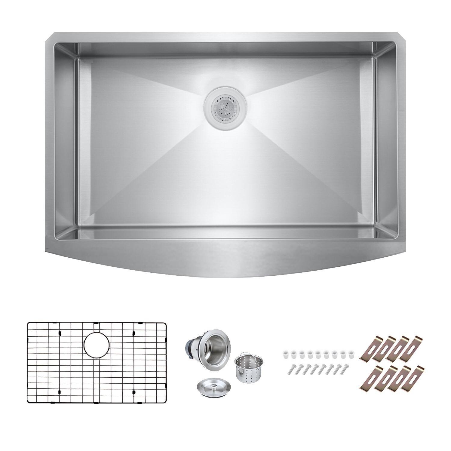 BBQGuys Signature Farmhouse Bowed Apron Stainless Steel 33-Inch Sink W/Grid and Strainer - White Background thumbnail