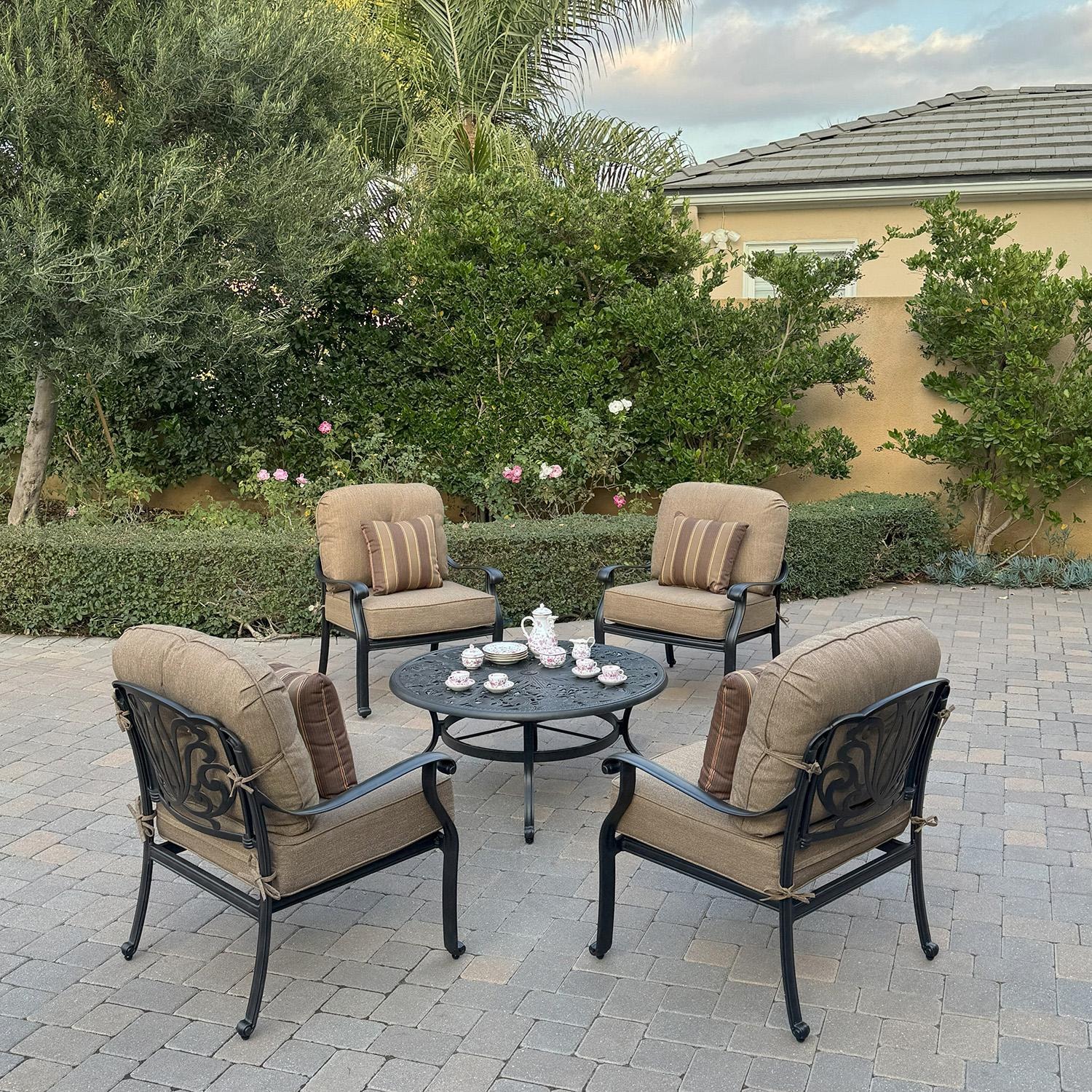 Elisabeth 5 Pc Cast Aluminum Seating Set w/ Club Chairs in Antique Bronze/Sesame by Darlee