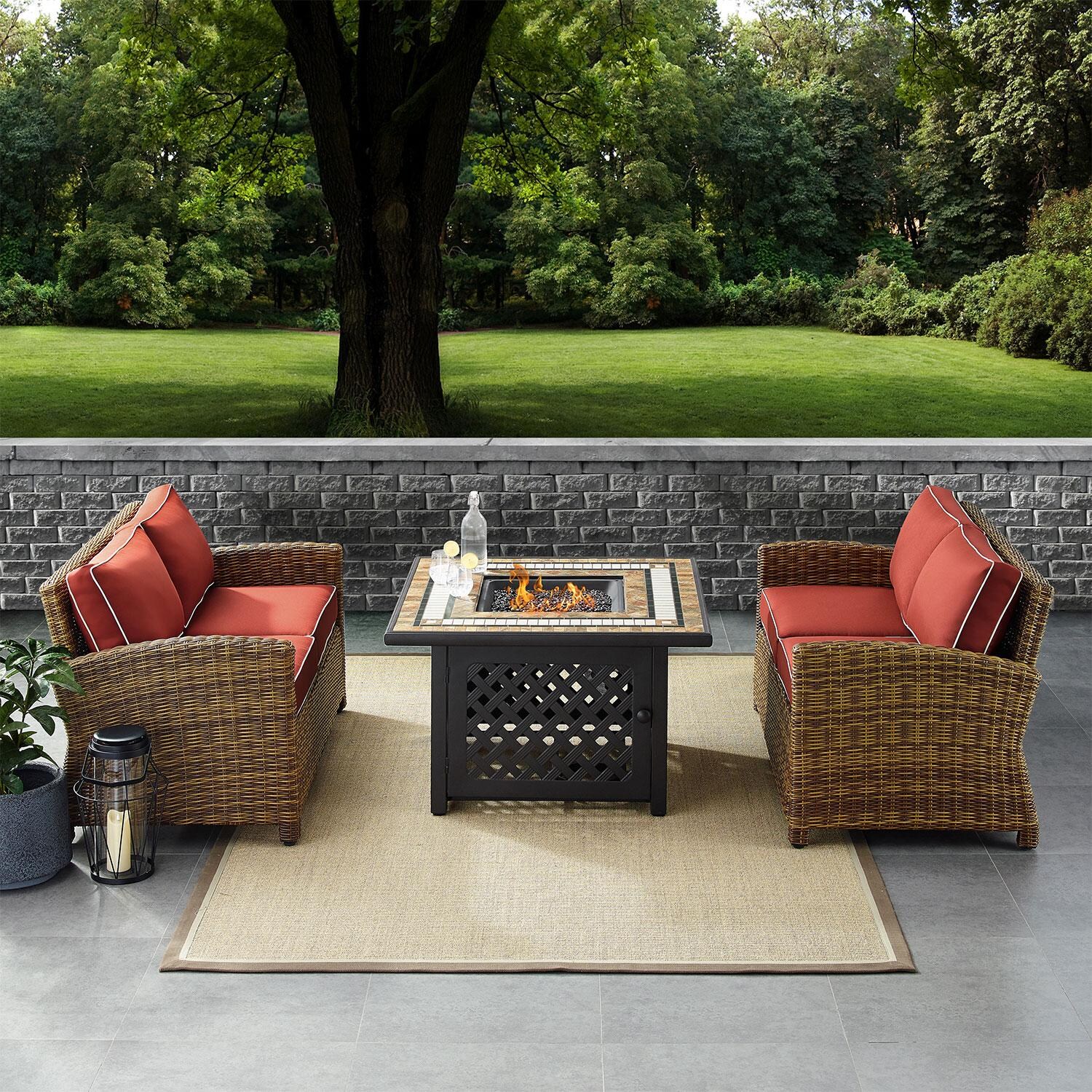 Ultimate Patio UP-92397-SG 3Pc Wicker Outdoor Loveseat Set in Sangria - On Patio W/ Fire Table On - Lifestyle thumbnail