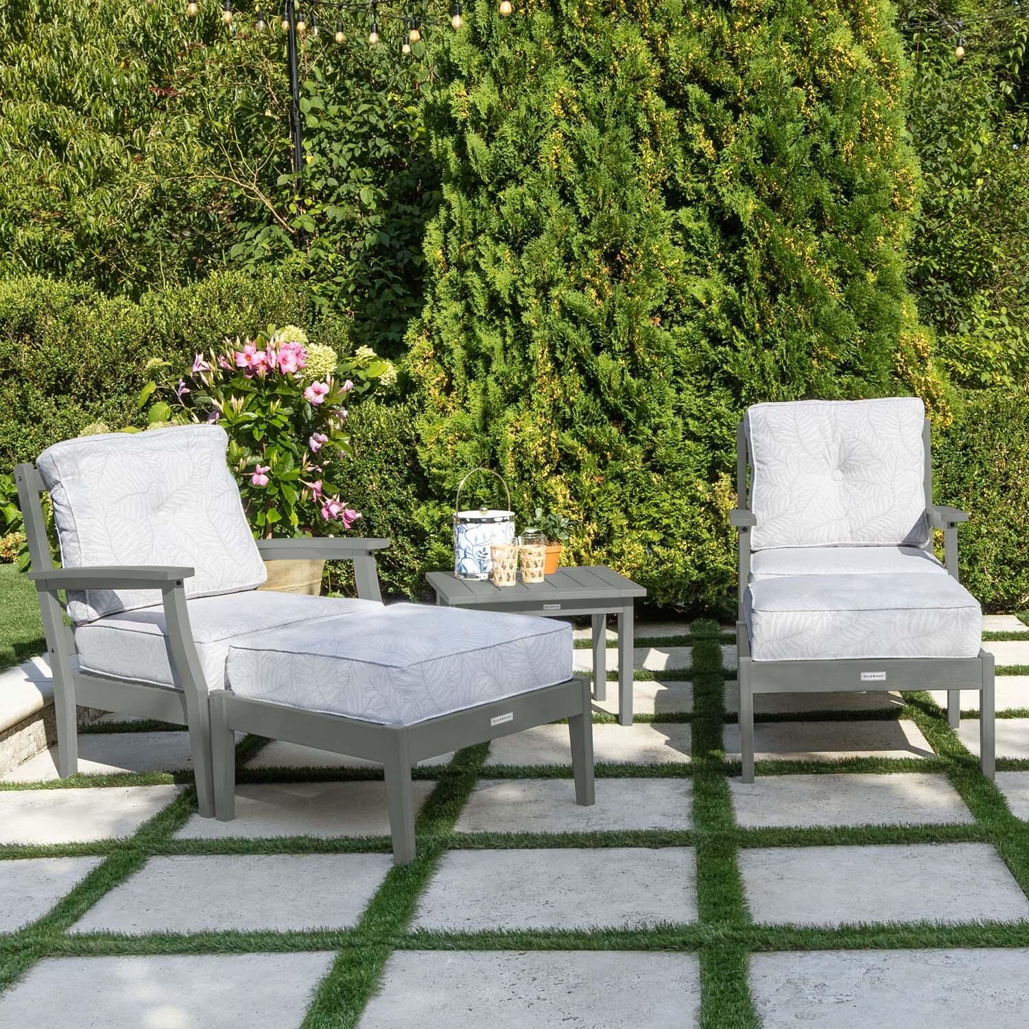 Blushing Bay 5 Pc Recycled Plastic Seating Set in Lively Parchment/Coastal Teak by Lakeview Outdoor Designs - Left Angled - Lifestyle thumbnail