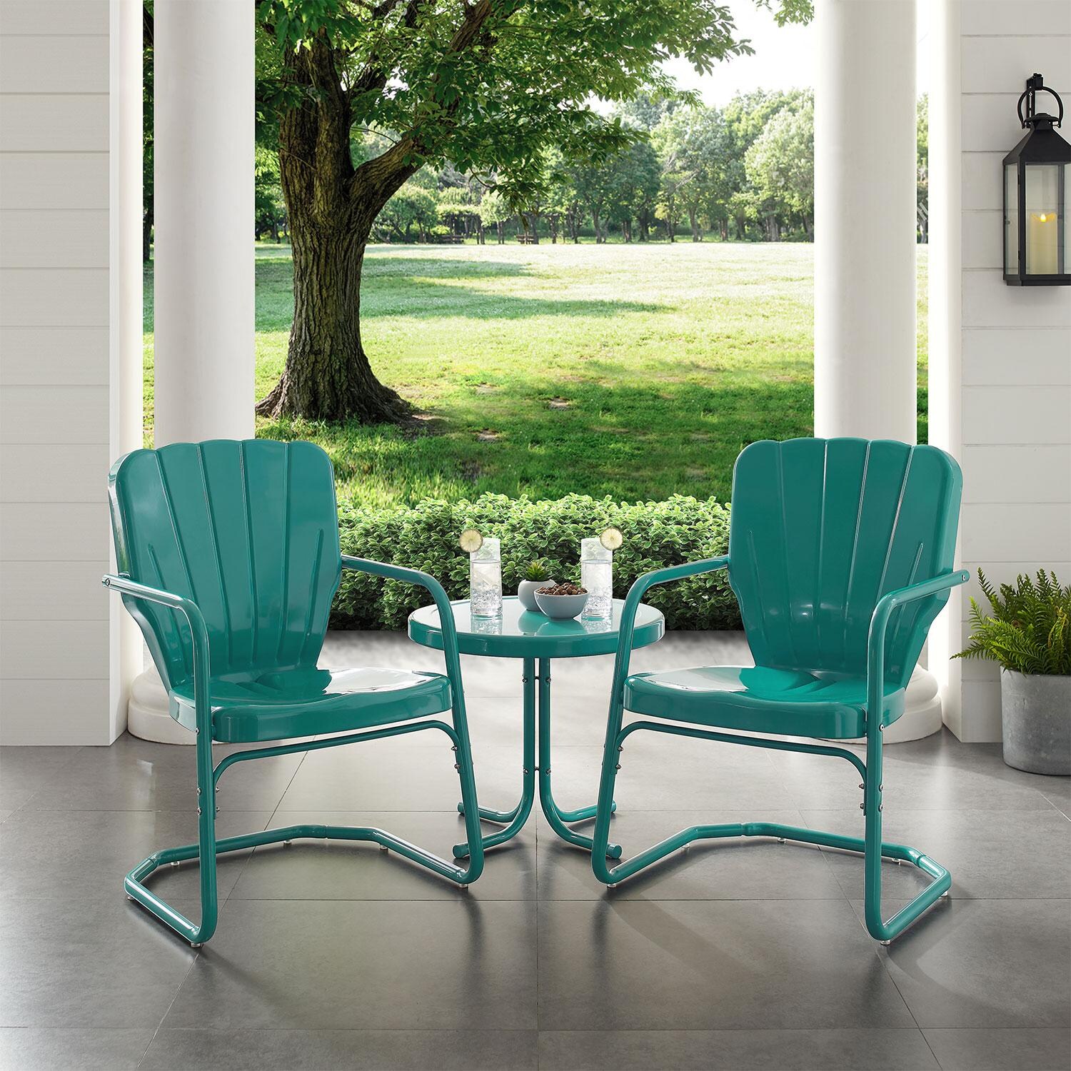 Ultimate Patio UP-32245TU 3Pc Retro Outdoor Chair Set in Turquoise - Angled On Patio - Lifestyle thumbnail