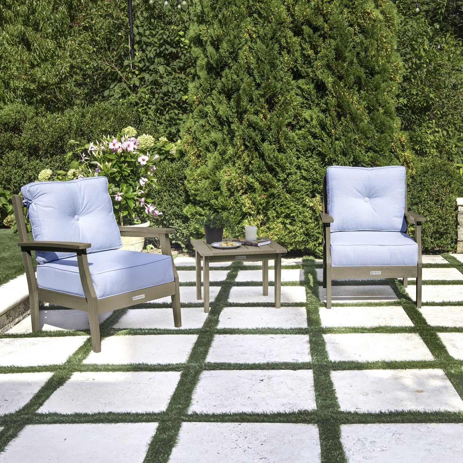 Blushing Bay 3 Pc Recycled Plastic Seating Set in Bliss Dew/Woodland Brown by Lakeview Outdoor Designs - Angled Left - Lifestyle thumbnail