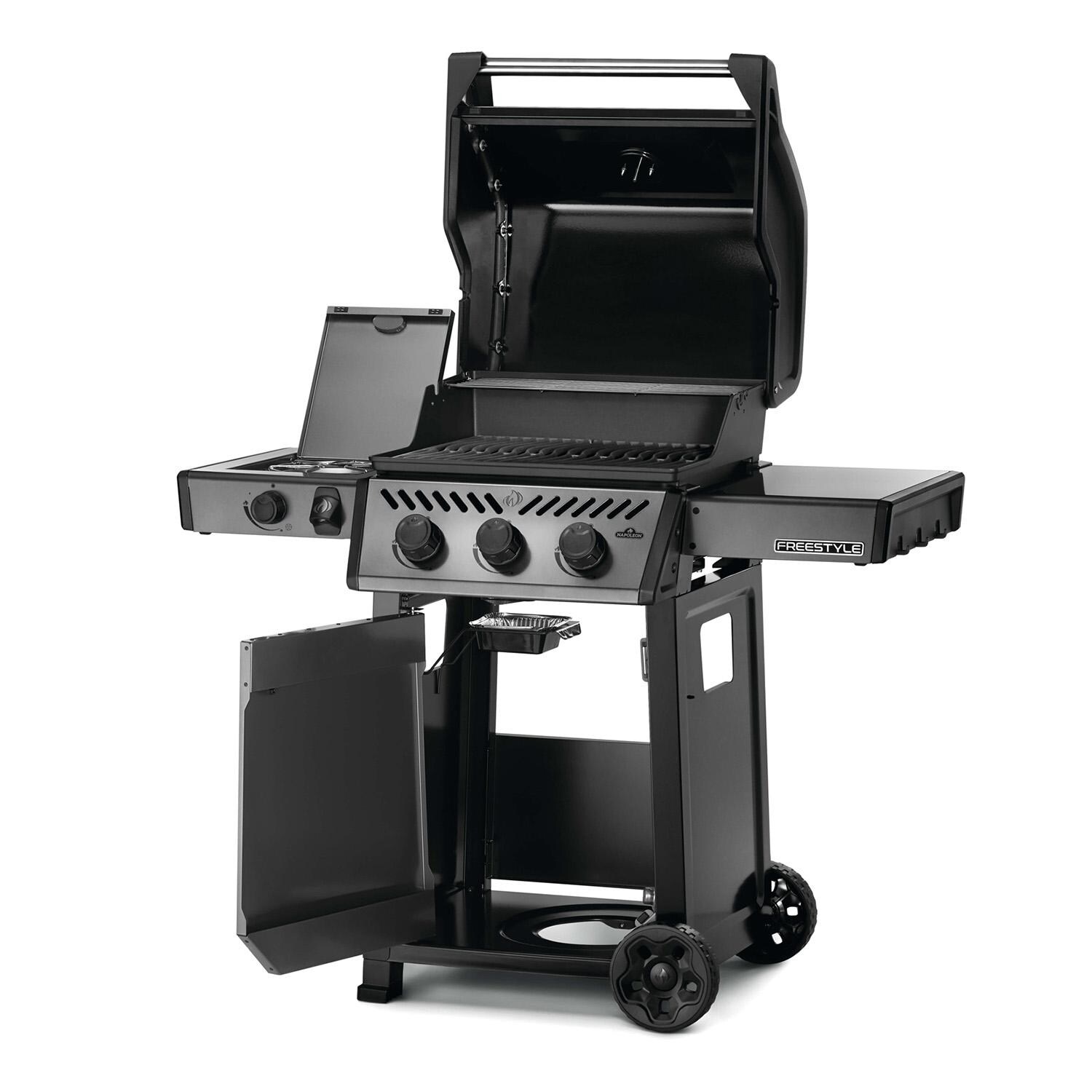 Napoleon F365DSBPGT-ECP Freestyle 365 3 Burner Propane Gas Grill w/ Range Side Burner - Graphite Grey - Open - White Background thumbnail