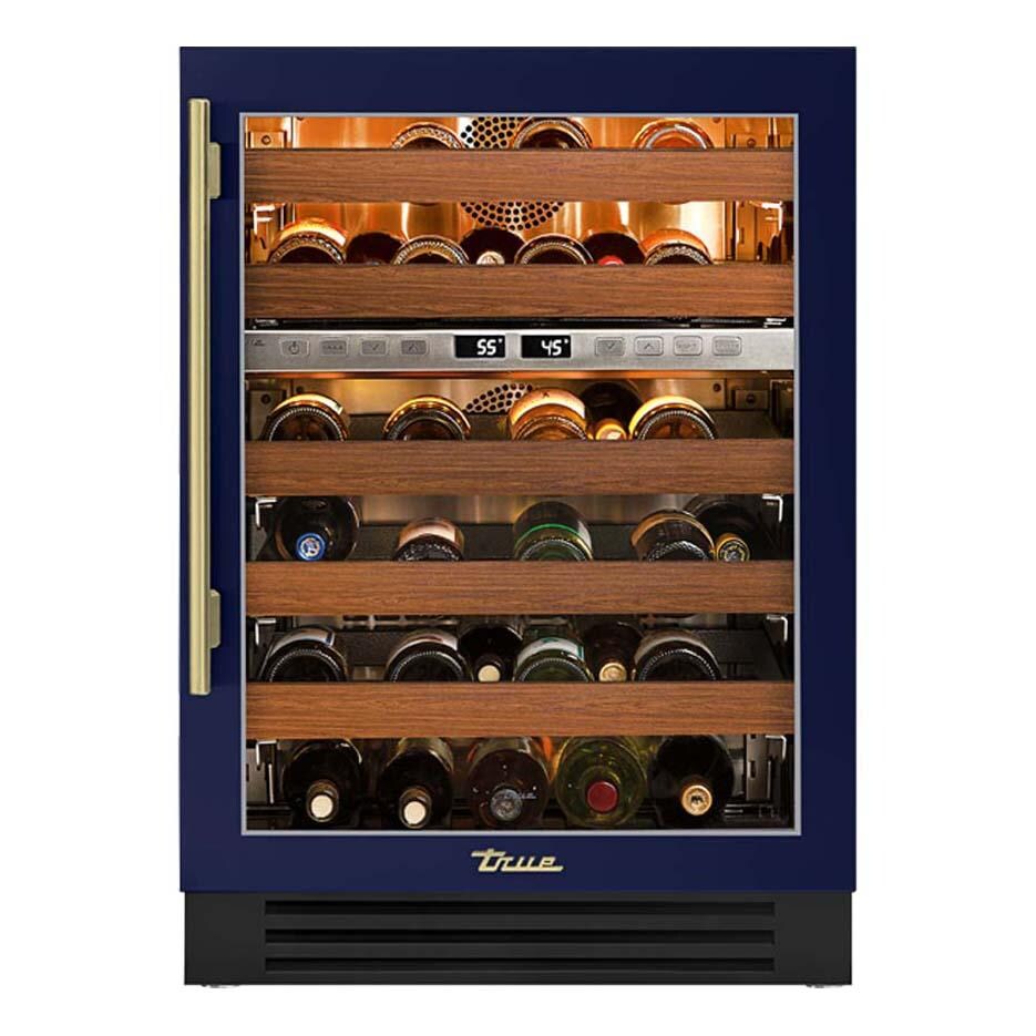 True TWC-24DZ-R-OG-C~DSK-078-H01 24 Inch 45 Bottle Right Hinge Glass Door Outdoor Dual Zone Wine Cabinet - Cobalt w/ Brass Handle - White Background thumbnail
