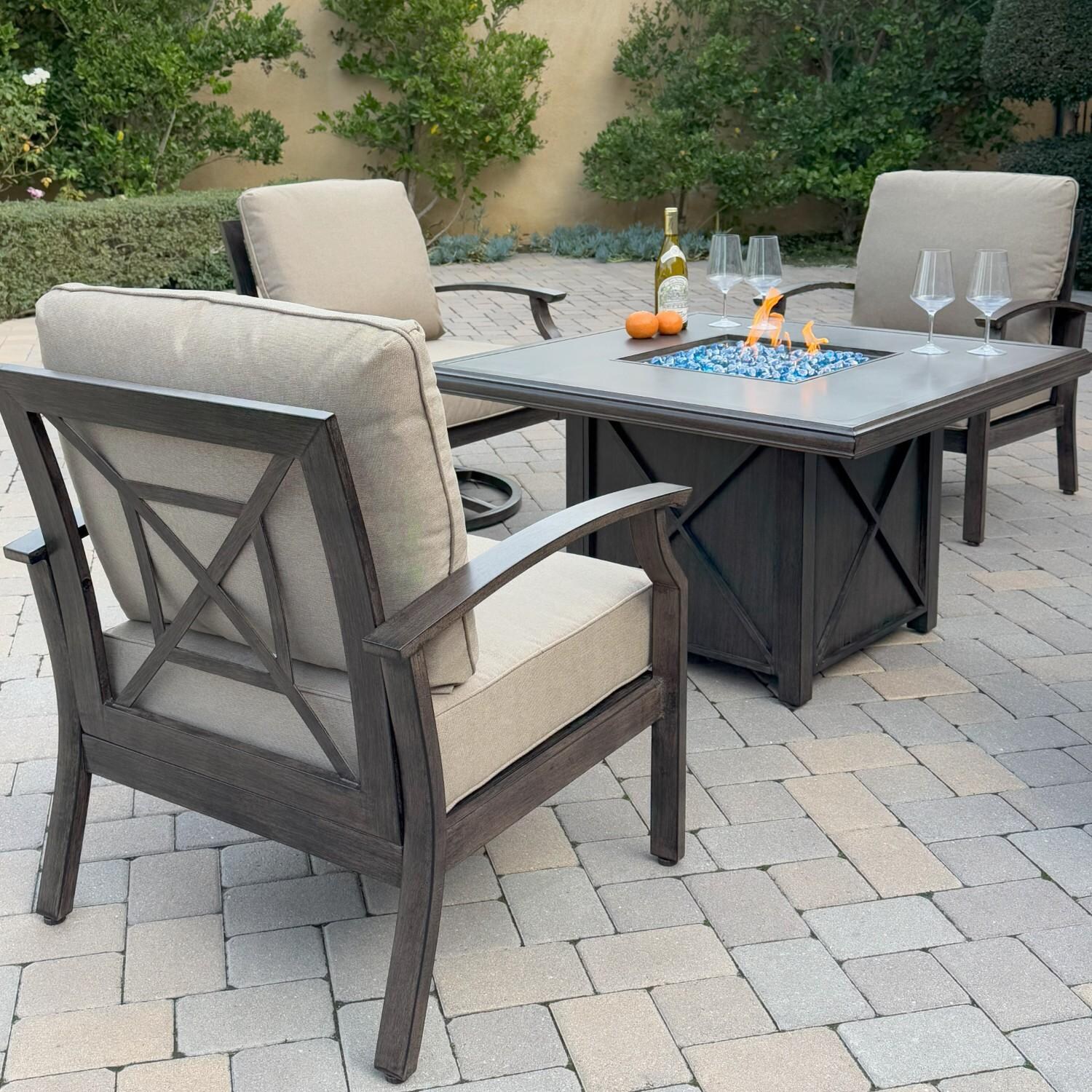 Atlantis 5 Pc Aluminum Fire Pit Seating Set w/ 2 Club Chairs & 2 Swivel Rocker Club Chairs in Walnut/Beige by Darlee - Chair Rear - Lifestyle thumbnail