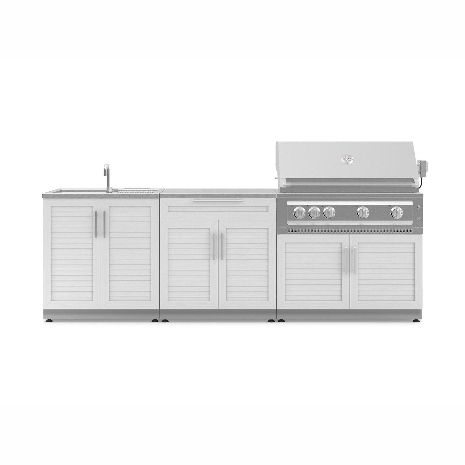NewAge Products 67637 Classic Series 8 1/2 Ft Outdoor Kitchen Island w/ 40-in Propane Grill, Sink, Trash Bin, Door & Drawer in White/Stainless Steel - Island - White Background thumbnail