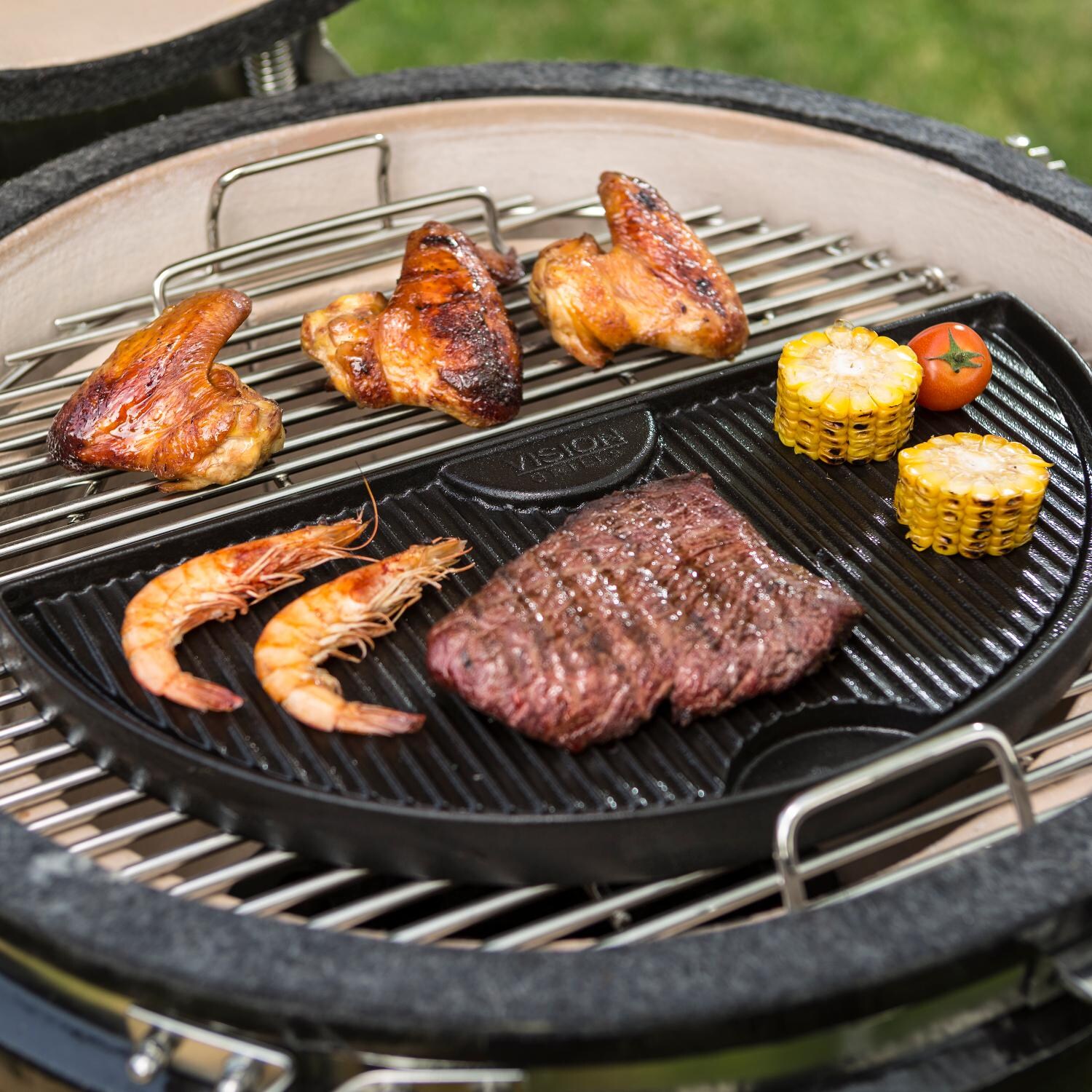 Vision VGK-ACP2 8-Piece Kamado Accessory Kit - Half Moon Cast Iron Griddle In Use thumbnail