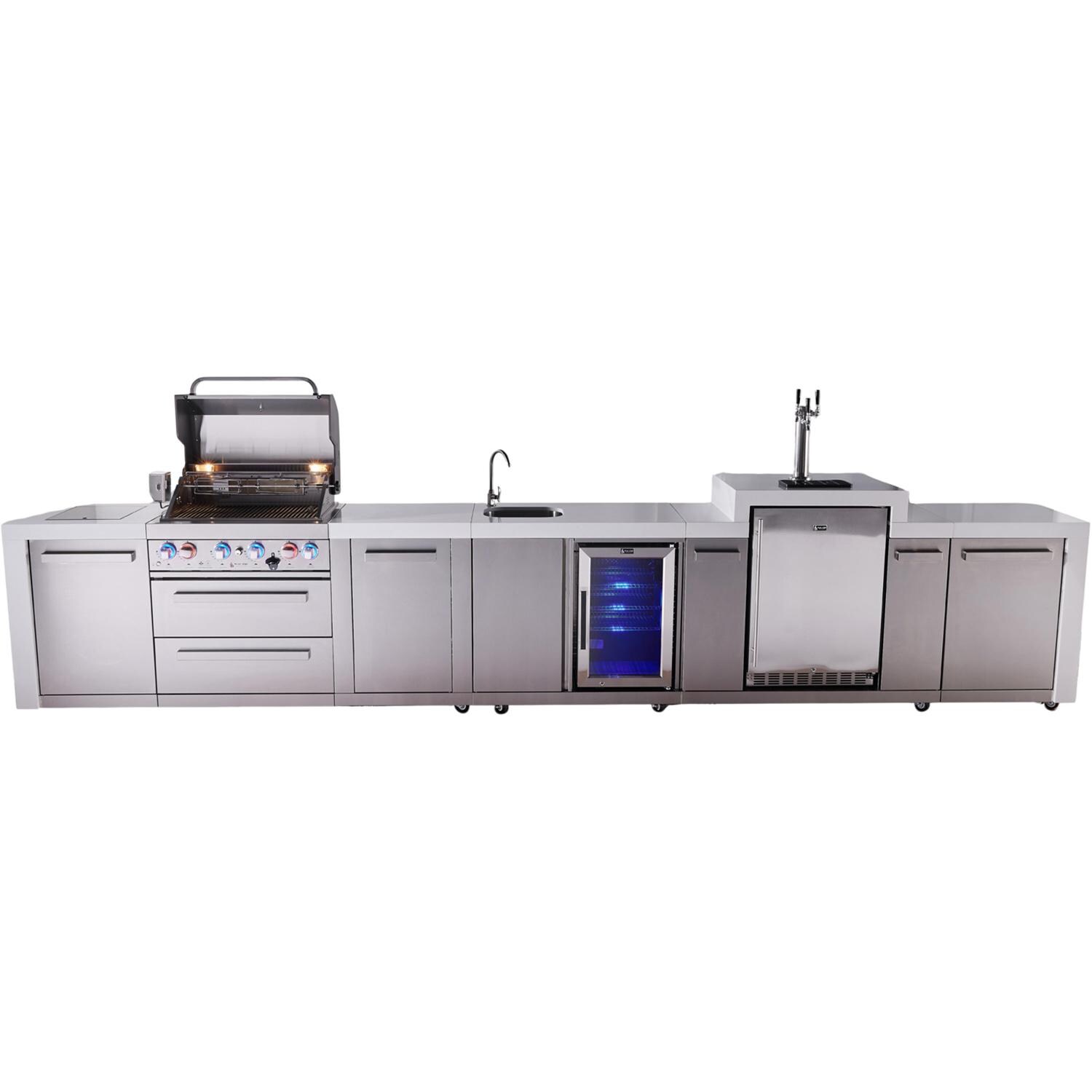 Mont Alpi Deluxe Series 15 1/2 Ft Natural Gas Outdoor Kitchen Island w/ 32-in Grill, Side Burner, Beverage Center, Kegerator & Extra Door (Ships Propane w/ Conversion Kit) - Island - White Background thumbnail